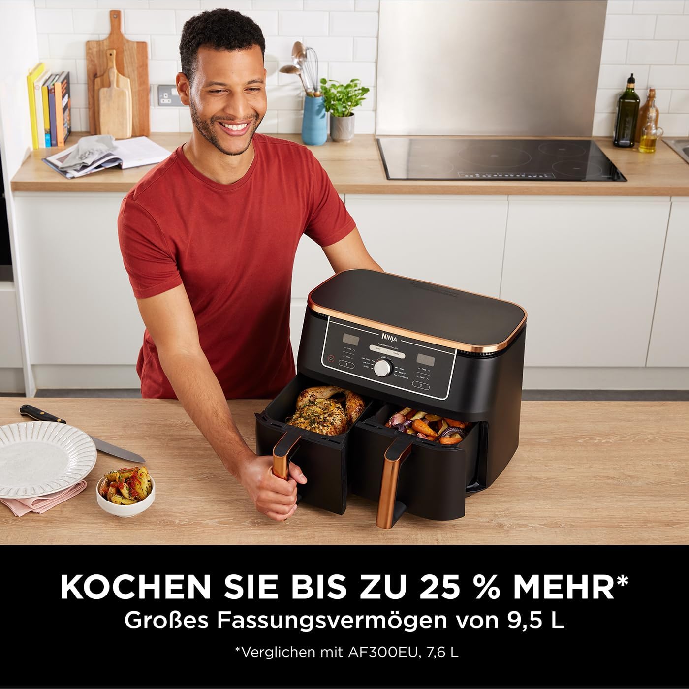 Ninja Foodi FlexDrawer Dual Zone Heißluftfritteuse, Airfryer mit 10,4-Fach und herausnehmbarem Trenner, Antihaftbeschichtung, spülmaschinenfester Korb, 7-in-1, Schwarz & Kupfer, AF500EUCP