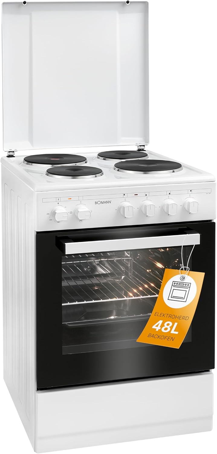 Boman, Cuisinière Electrique 4 plaques et four de 48L, Largeur 50 cm, cuisine avec plaque couvre-feu, allumage manuel, 4 foyers avec commandes, Energie A