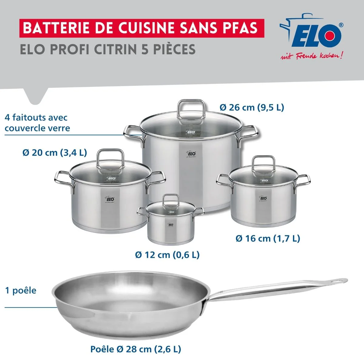 Ensemble de 1 Poêle de cuisson 28 cm et 4 faitouts 12, 16, 20 et 26 cm Elo Profi Citrin Elo