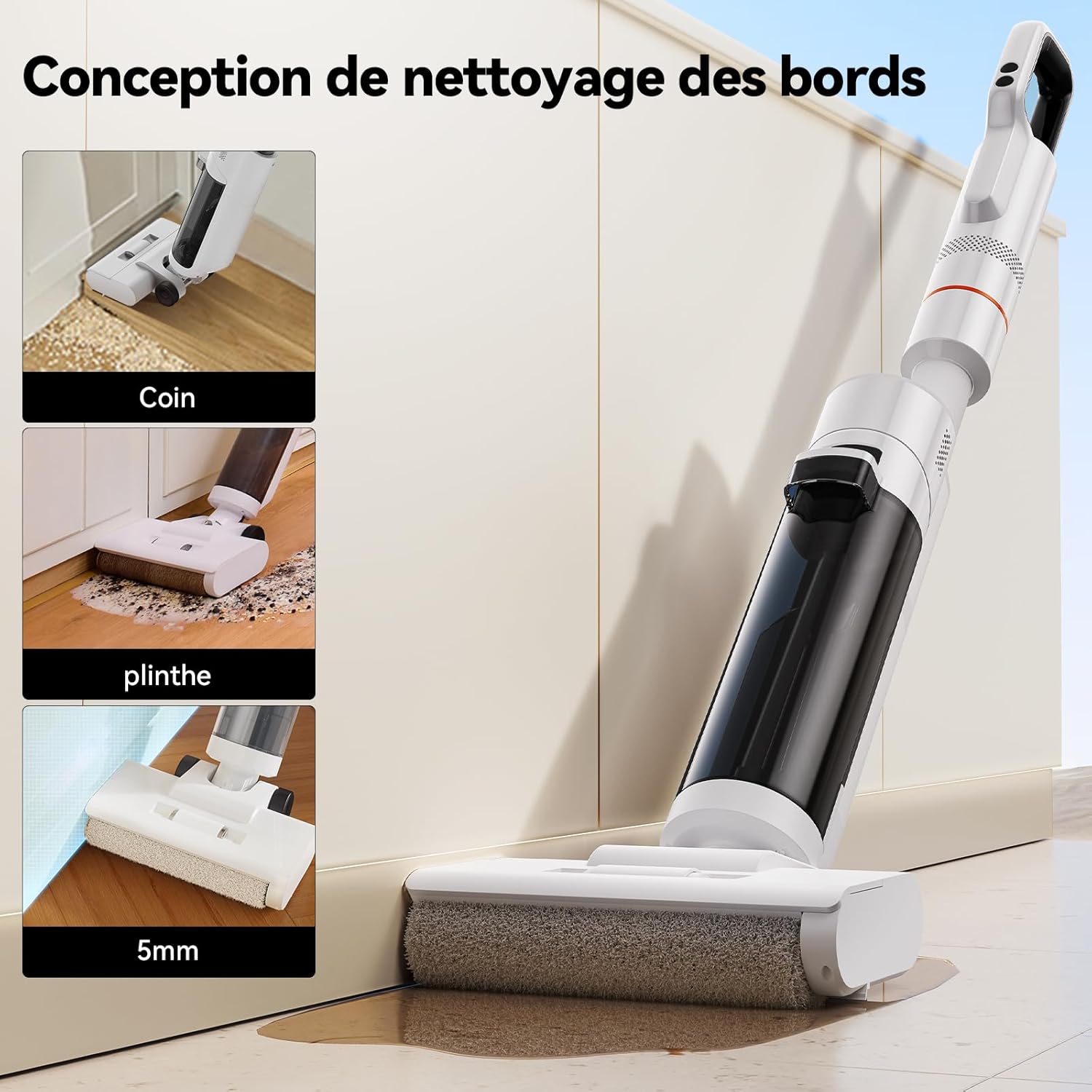 JONR ED12 Aspirateur Eau et Poussière, Aspirateur et Balai à Franges sans Fil 4 en 1, Brosse Rouleau de Nettoyage des Bords, Fonction d’Auto-Nettoyage, pour Sols Durs, Poils d'animaux