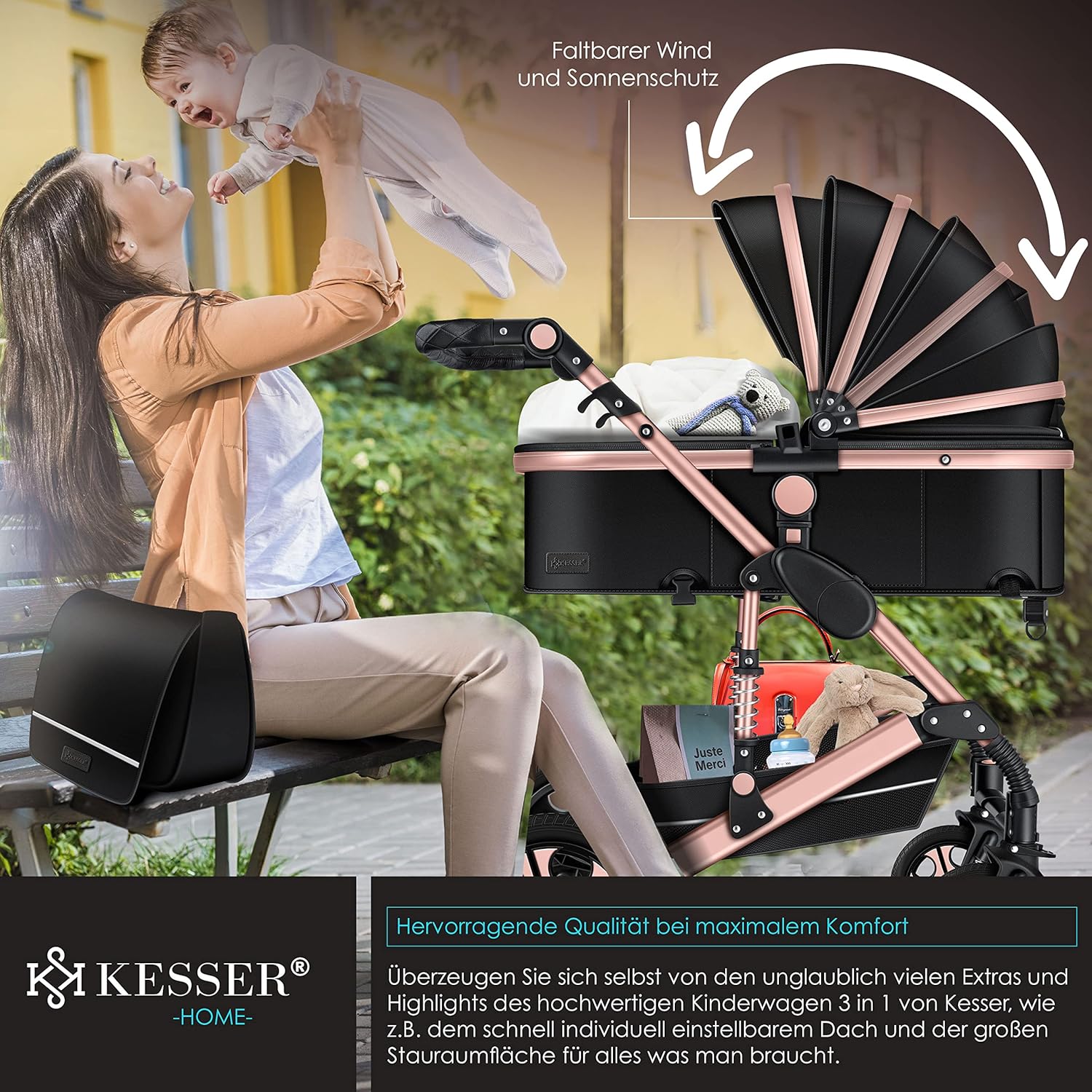 KESSER® Poussette combinée 3en1 Set incl. baignoire bébé poussette Siège sport & siège auto pour bébé Pneus pleins en caoutchouc Sac à langer Protection pluie Table pour enfant ECE R129 noir/champagne
