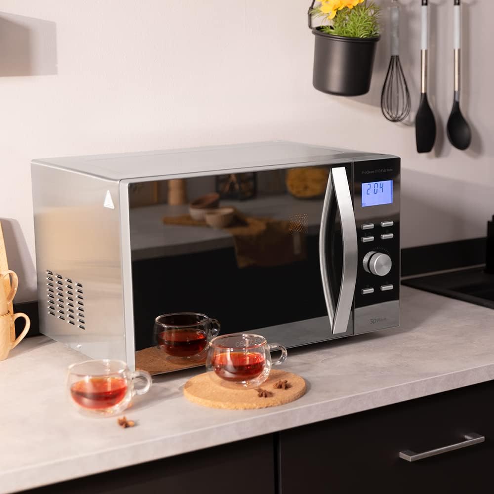 Cecotec Four à micro-ondes ProClean 9110 FullINOX avec grill 1000 W, 30 litres, 5 niveaux de puissance, 8 programmes, minuterie de 60 minutes, revêtement Ready2Clean, design avant miroir
