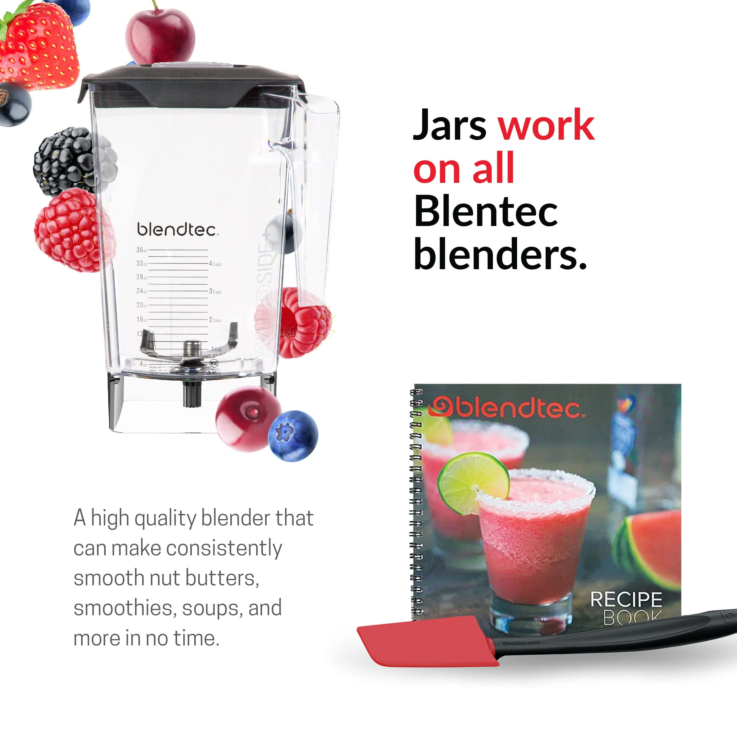 Blendtec Classic 575 Blender, 90 oz WildSide+ Jar, Spoonula Spatula, and Recipe Book Bundle - Black