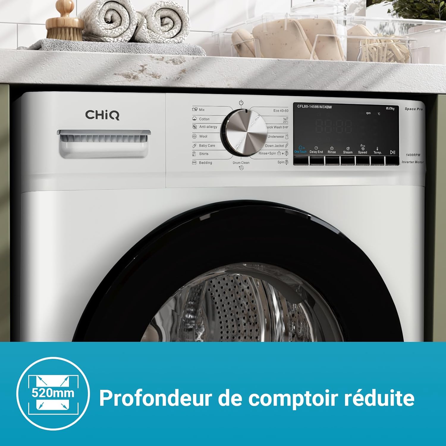 CHiQ Lave-linge à chargement frontal 10kg CFL100-14586IM3XWA,Space Pro,Moteur Inverter stable,1400 tr/min, Programme intelligent à IA,Fonction vapeur,Lavage rapide 15 minutes,15 cycles lavage,Blanc