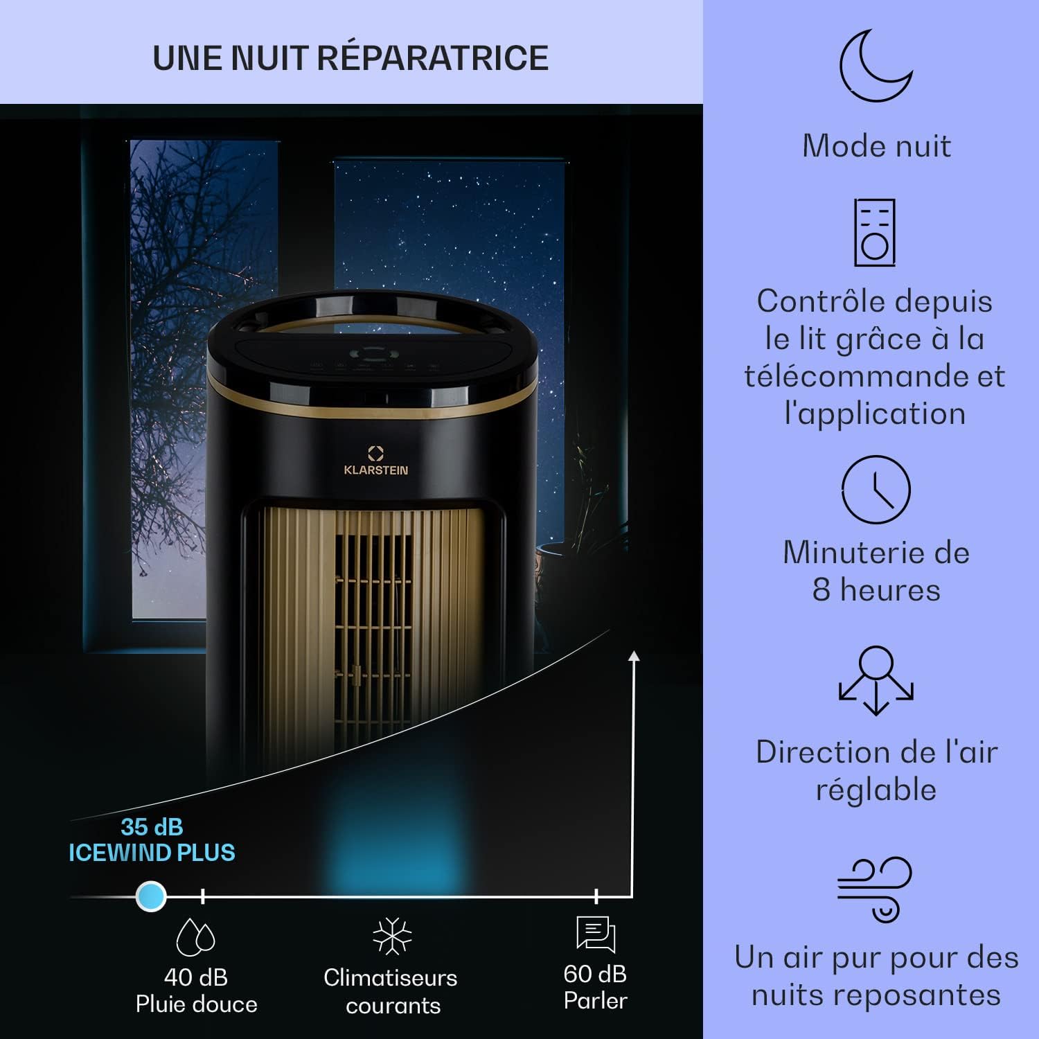 Klarstein Rafraichisseur d'Air 4 en 1, Climatiseur Portable Smart APP Mobile, Humidificateur, Ventilateur, Sans Évacuation 65W, Pack Glacons, Mode Nuit, Puissant Débit d'Air 330m³/h