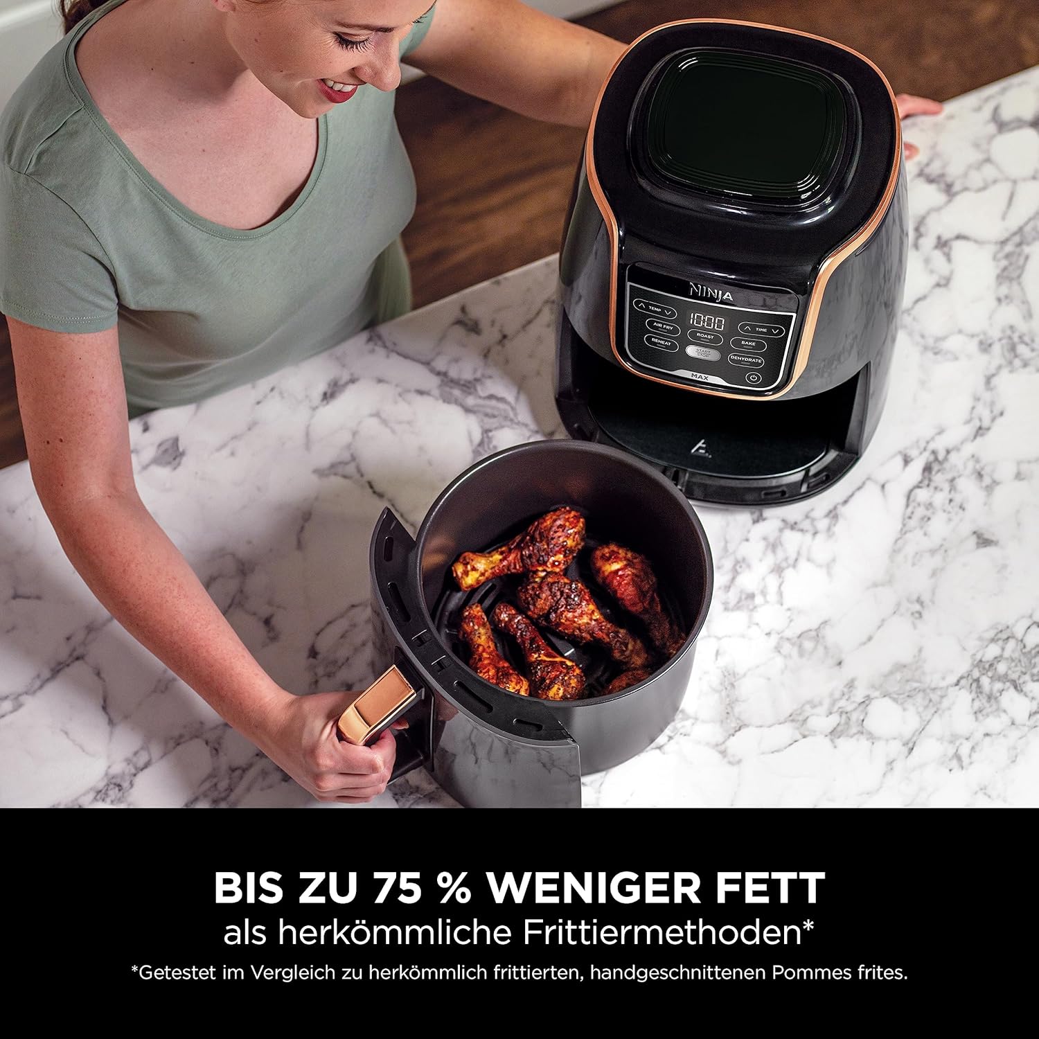 Ninja Foodi FlexDrawer Dual Zone Heißluftfritteuse, Airfryer mit 10,4-Fach und herausnehmbarem Trenner, Antihaftbeschichtung, spülmaschinenfester Korb, 7-in-1, Schwarz & Kupfer, AF500EUCP