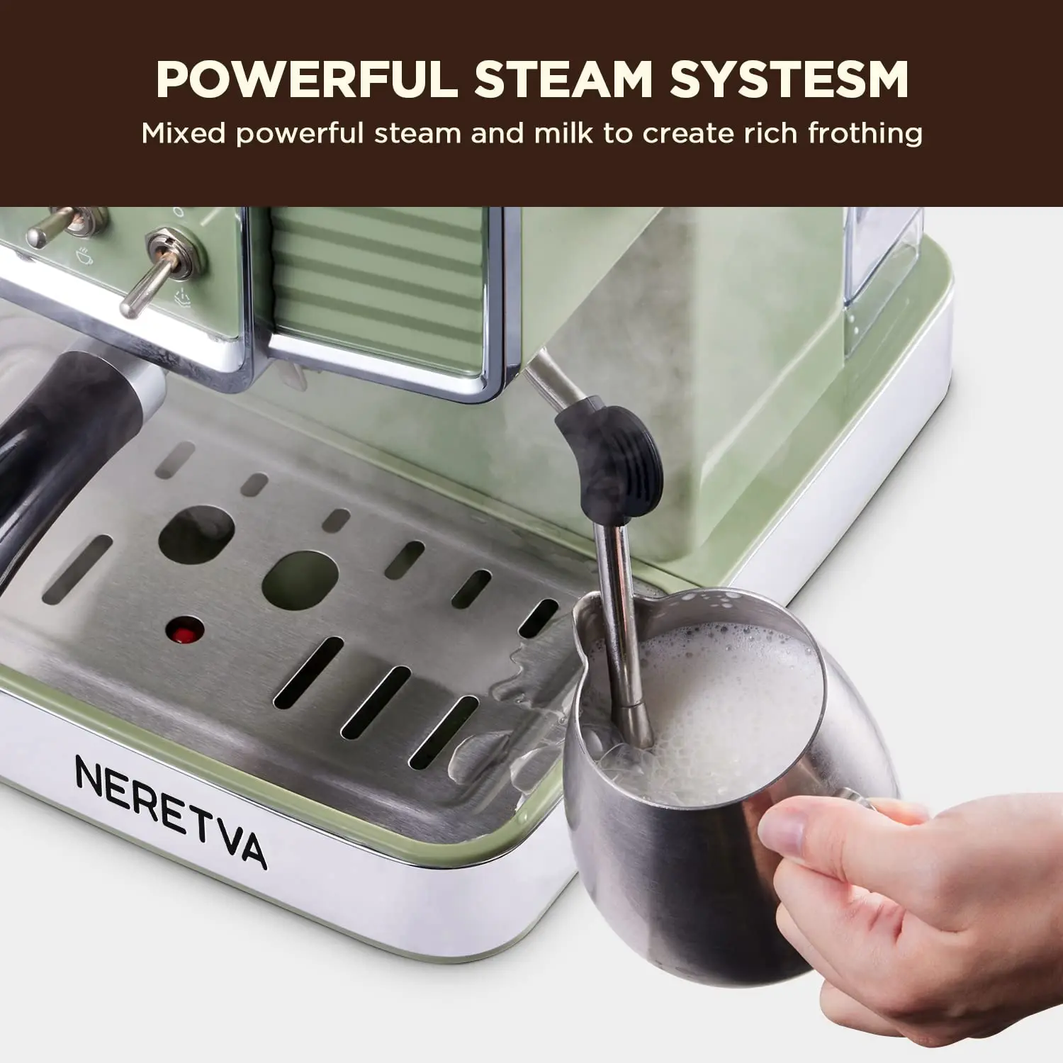 Neretva Espresso Coffee Machine 15 Bar Espresso Maker with Milk Frother Steam Wand Cappuccino, Latte for Home Barista, 1.6L Removable Water Tank