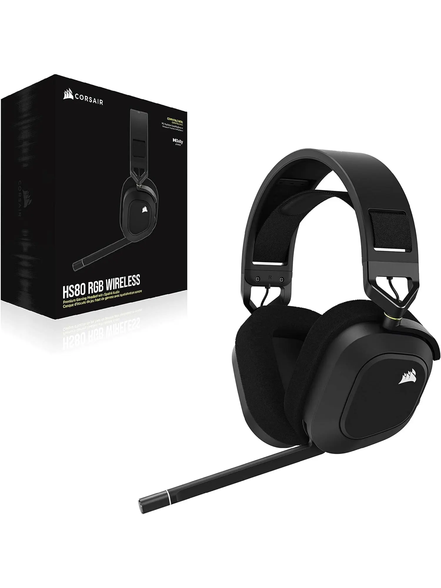 CORSAIR HS80 RGB WIRELESS Multiplatform Gaming Headset - Dolby Atmos - Lightweight Comfort Design - Broadcast Quality Microphone - iCUE Compatible - PC, Mac, PS5, PS4 - Black