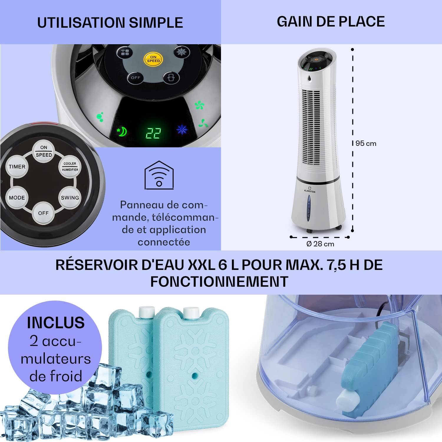 Klarstein Rafraichisseur d'Air Mobile 5 en 1, par Evaporation avec Humidificateur, Ventilateur, Ioniseur, Climatiseur Mobile Sans Évacuation, Mode Nuit, 45W, Débit d'Air de 180m³/h