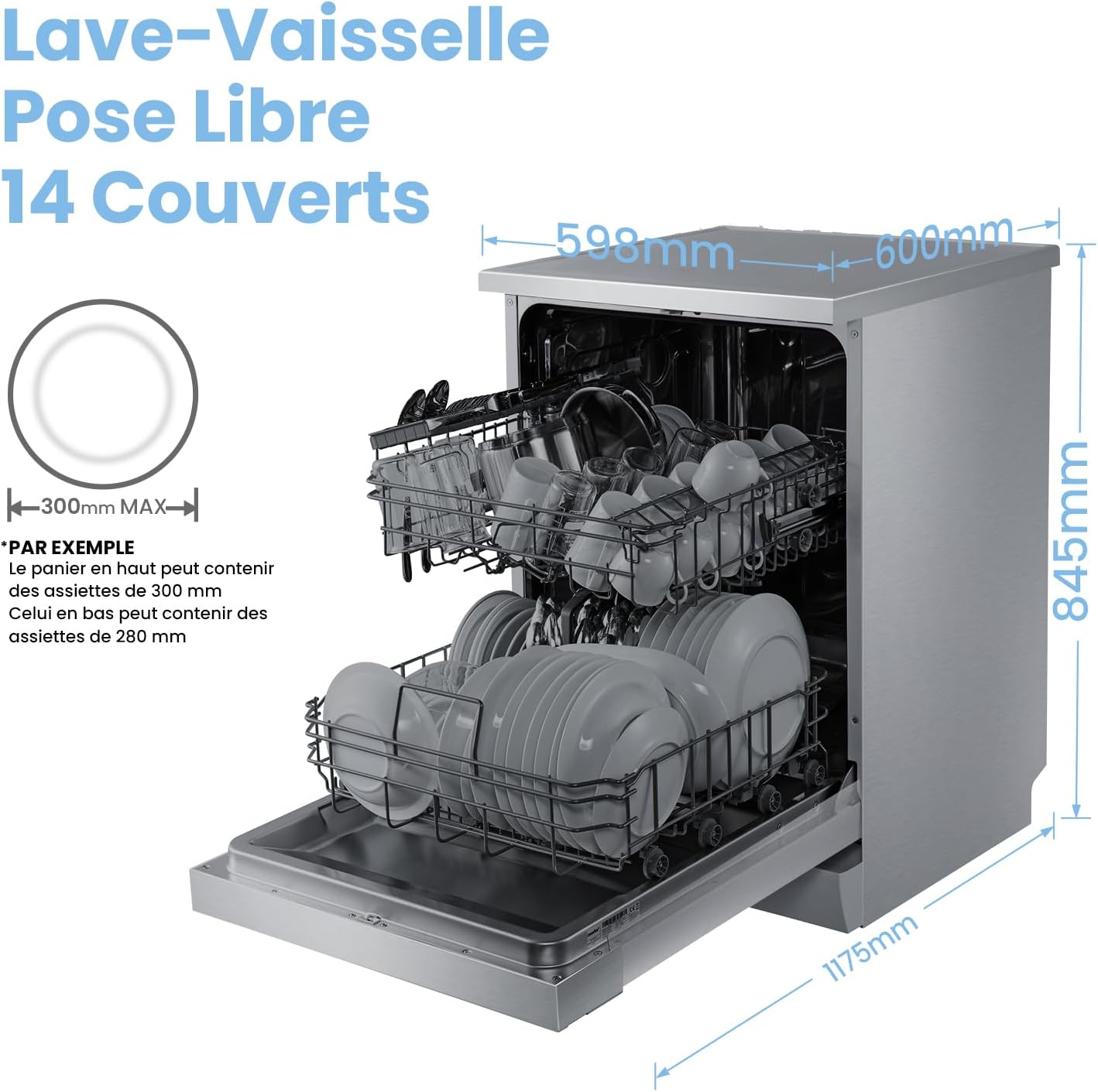 COMFEE' CDWPF1201PS Lave-vaisselle Pose Libre, 60 cm, 12 couverts, départ différé, fonction demi-charge, paniers flexibles - Acier Inoxydable, 49 dB, Commande Bouton