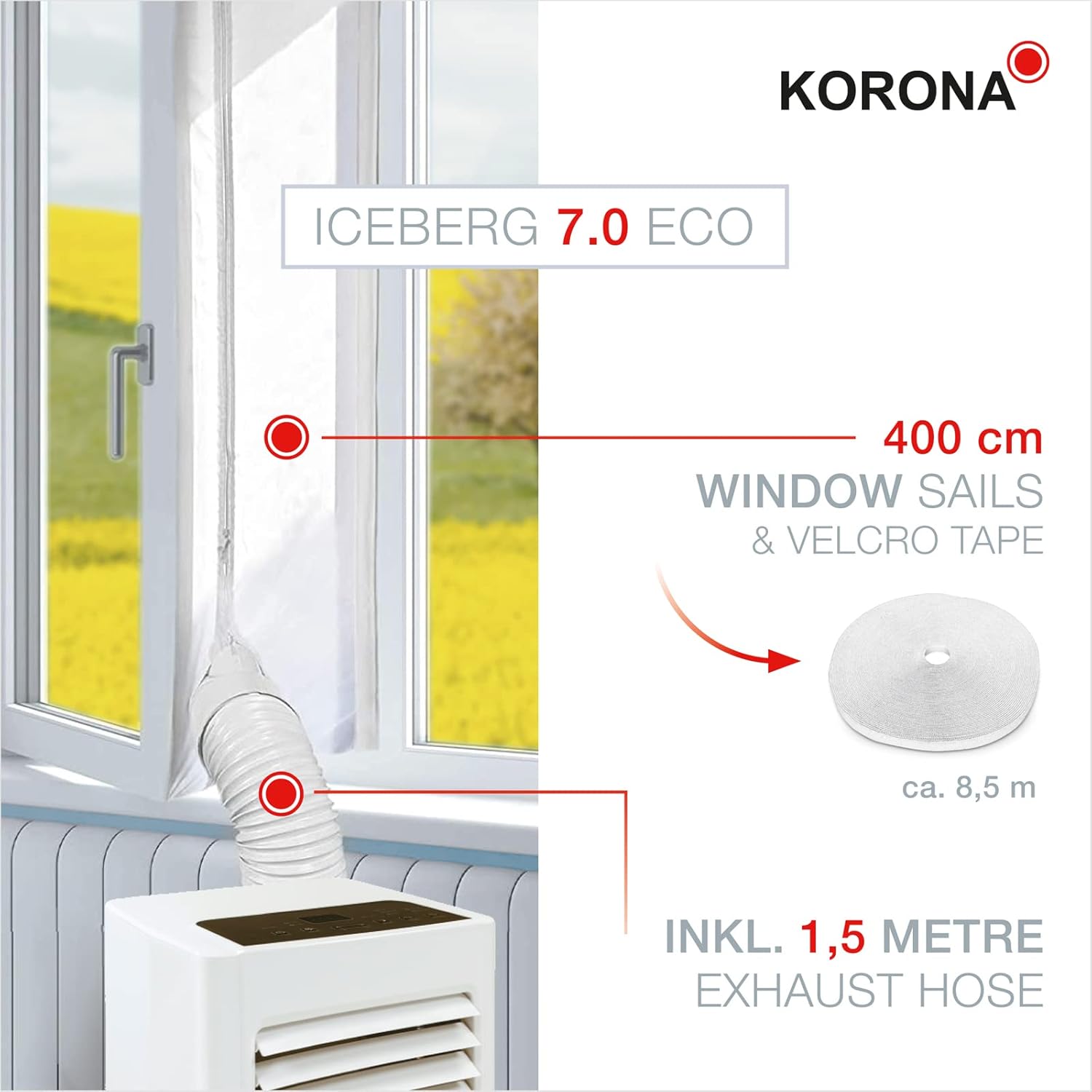 Korona 82001 Climatiseur mobile Iceberg 9.0 ECO | 9000 BTU/h | Monobloc 3en1 - Refroidisseur, déshumidificateur, ventilateur | Avec tuyau d'évacuation d'air pour la fenêtre | Pièces jusqu'à 34 m²