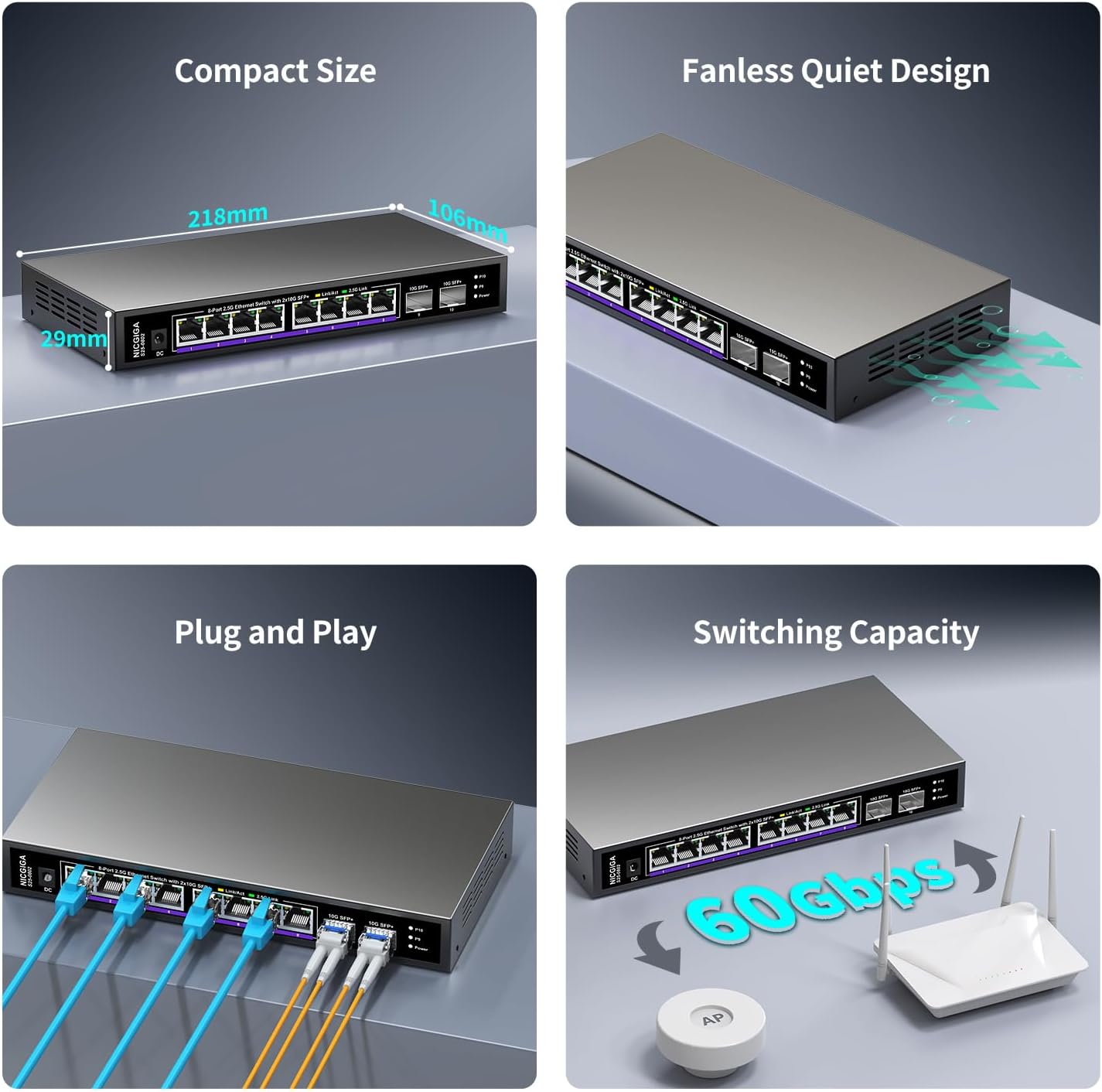 16 ports 2,5 G ➕ commutateur Ethernet SFP+ 2 ports 10 G, commutateur réseau NICGIGA 18 ports 2,5 Gb non géré, Plug & Play, montage sur bureau ou rack 19 pouces, conception métallique sans ventilateur.