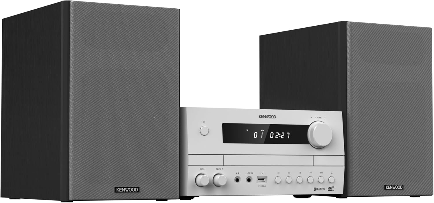 Kenwood M-822DAB Micro-chaîne Hi-FI avec Lecteur CD, USB, FM RDS, Dab+, Bluetooth et Audio-Streaming (Diffusion Audio) 2x50W, Blanc et Gris