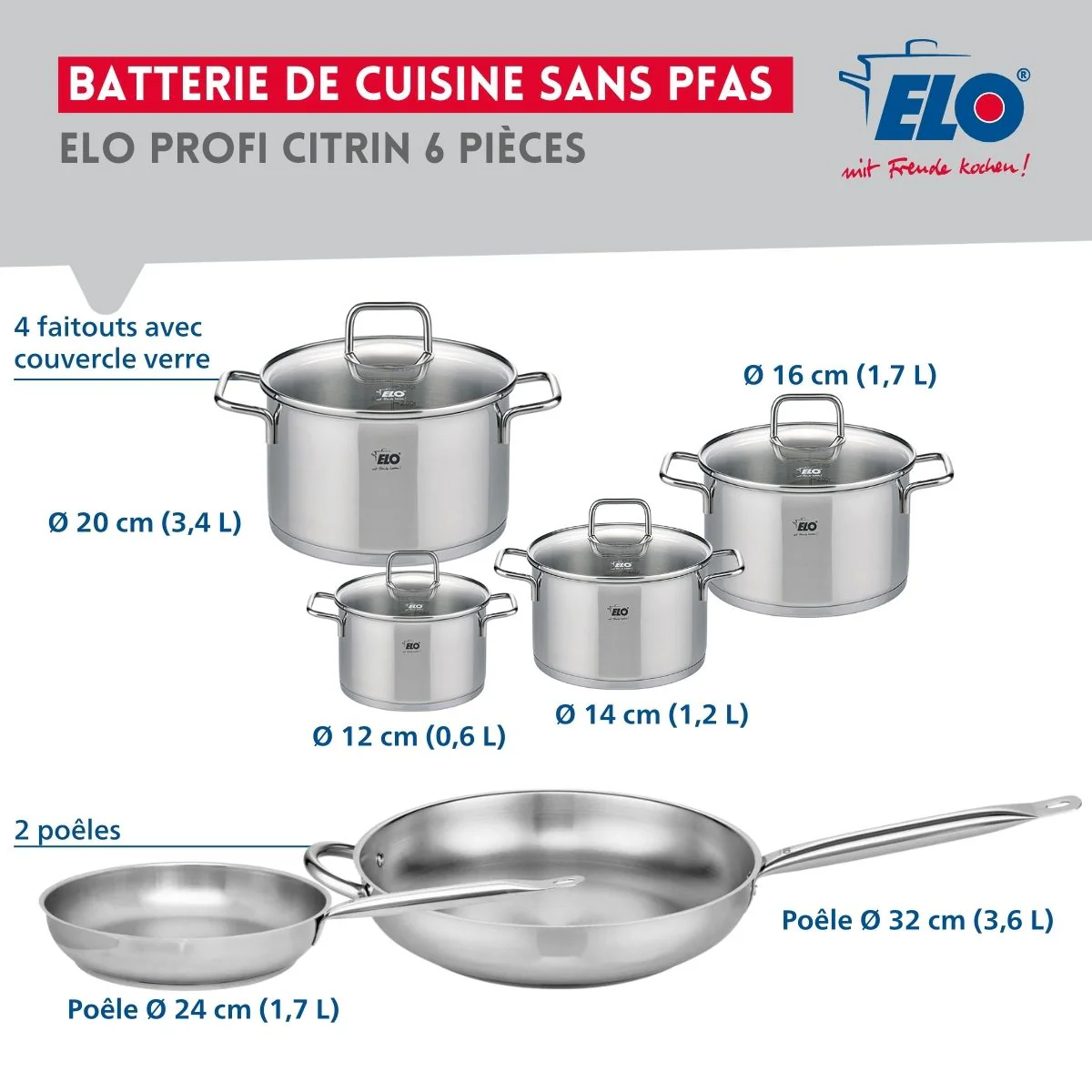 Ensemble de 2 Poêles de cuisson 24 et 32 cm et 4 faitouts 12, 14, 16 et 20 cm Elo Profi Citrin Elo