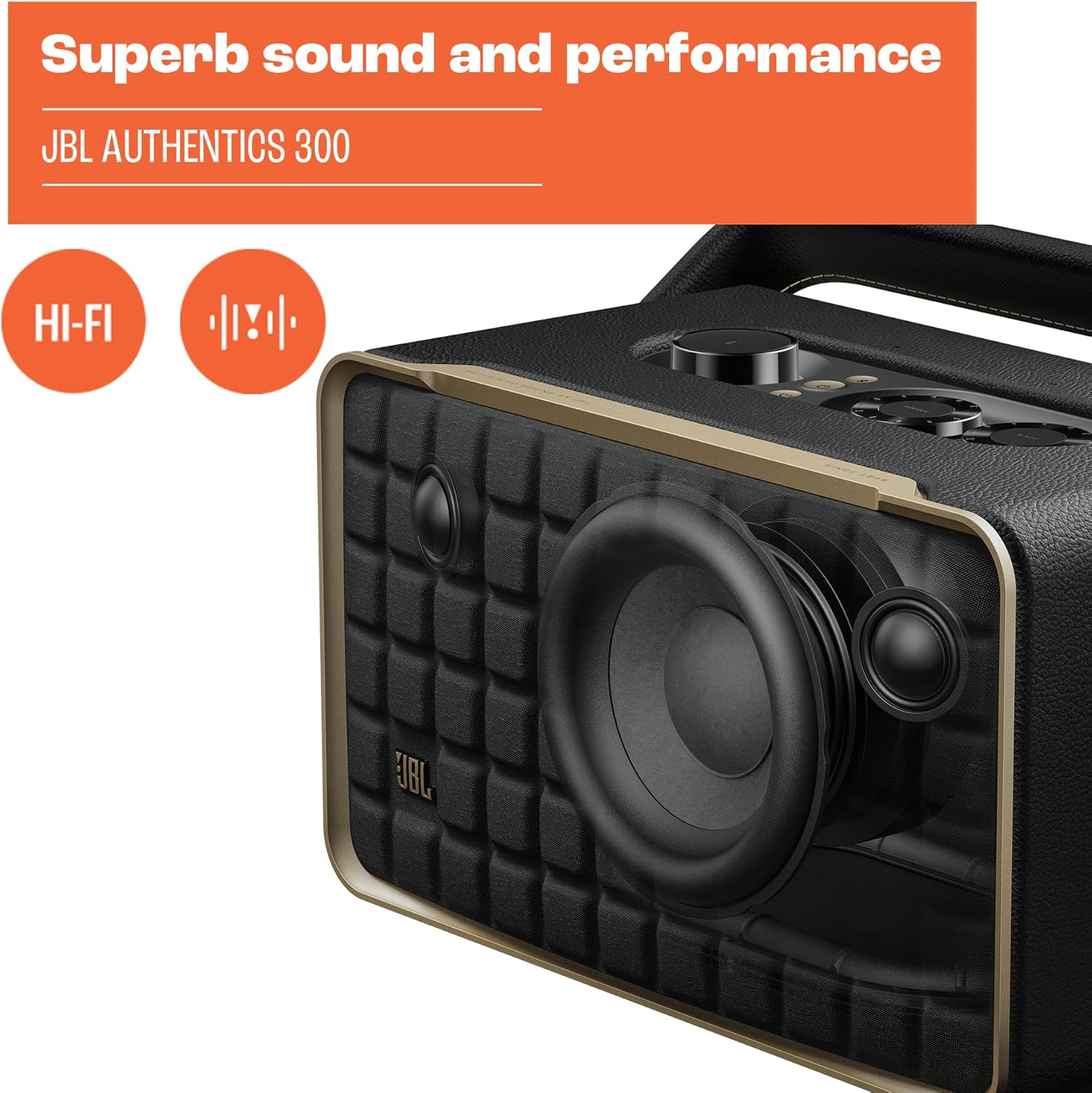 JBL Authentics 200 Enceinte Smart Home avec Wi-Fi, Bluetooth et assistants vocaux, design rétro, noire, Prise européenne (Type C)