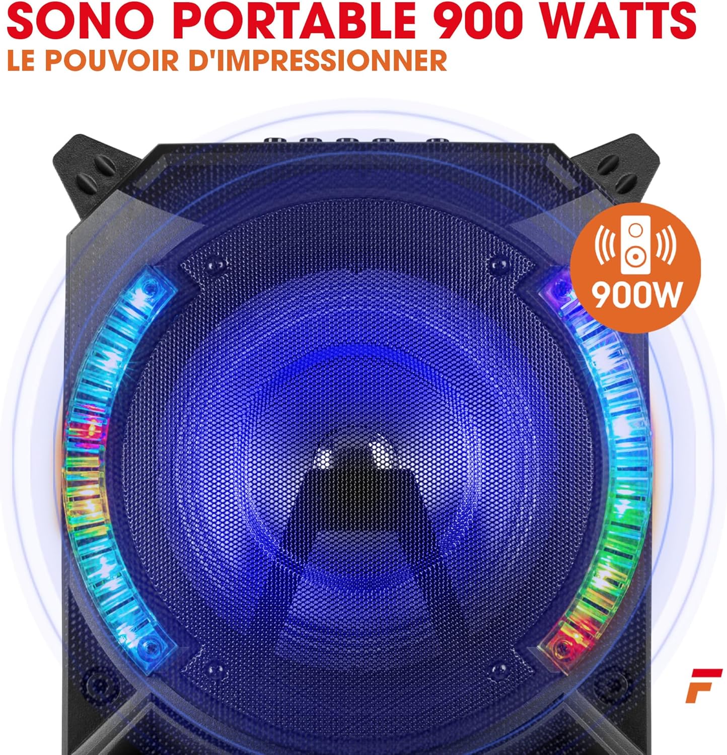 Fenton LIVE280 Enceinte Karaoke LED 2X 8”, 900W Max, 2 Microphones, Trolley et roulettes, Eclairage LED en Façade on/Off, USB et Micro SD, AUX, Connexion Bluetooth 5.0, sur Batterie ou Secteur