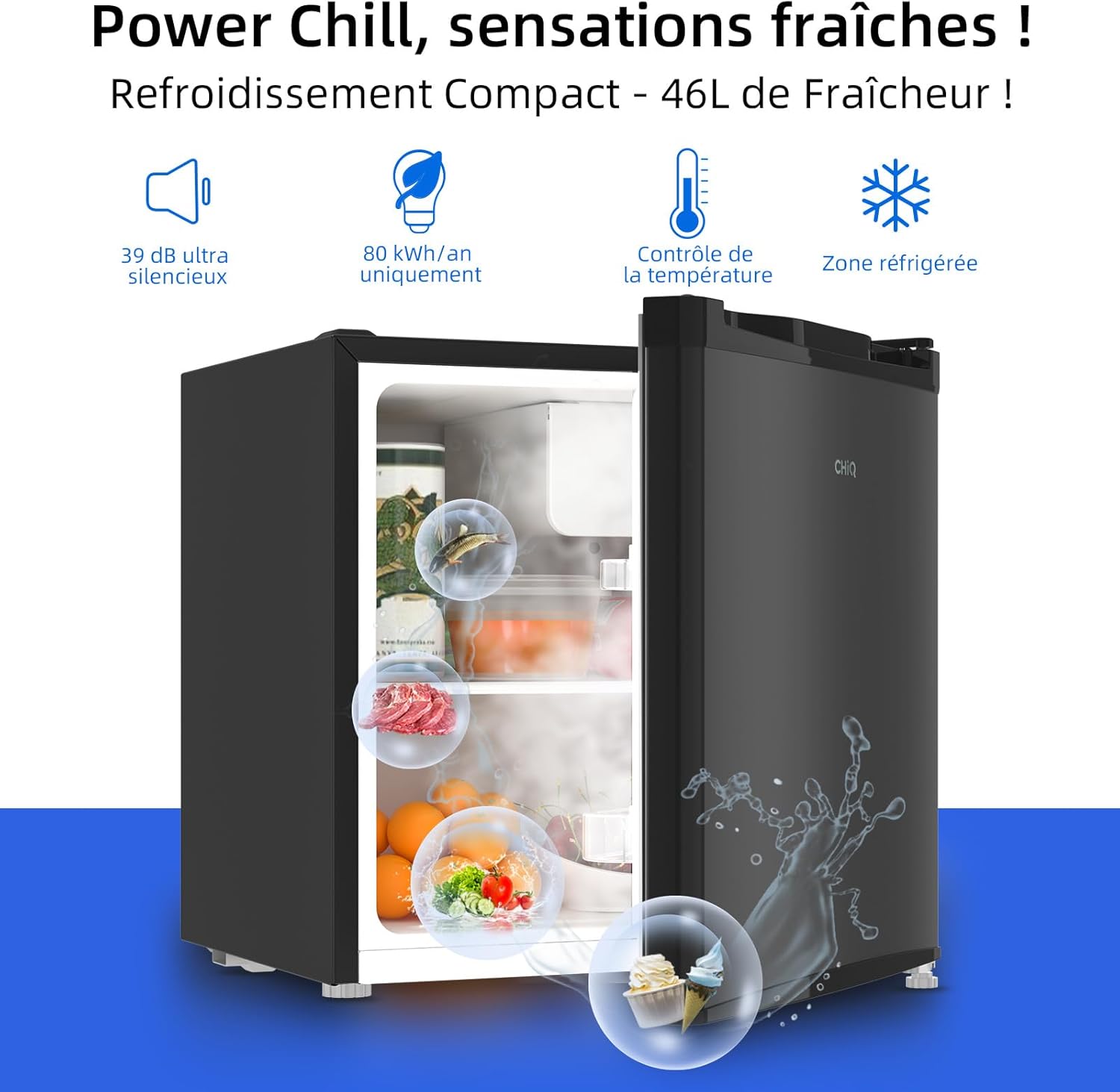 CHIQ Réfrigérateur vertical à une porte,126 L, encombremen 0,31 ㎡, Porte réversible, Tiroir à légumes, Étagères coulissantes, Faible niveau sonore 39 dB, Éclairage à DEL, Noir CSF120BE