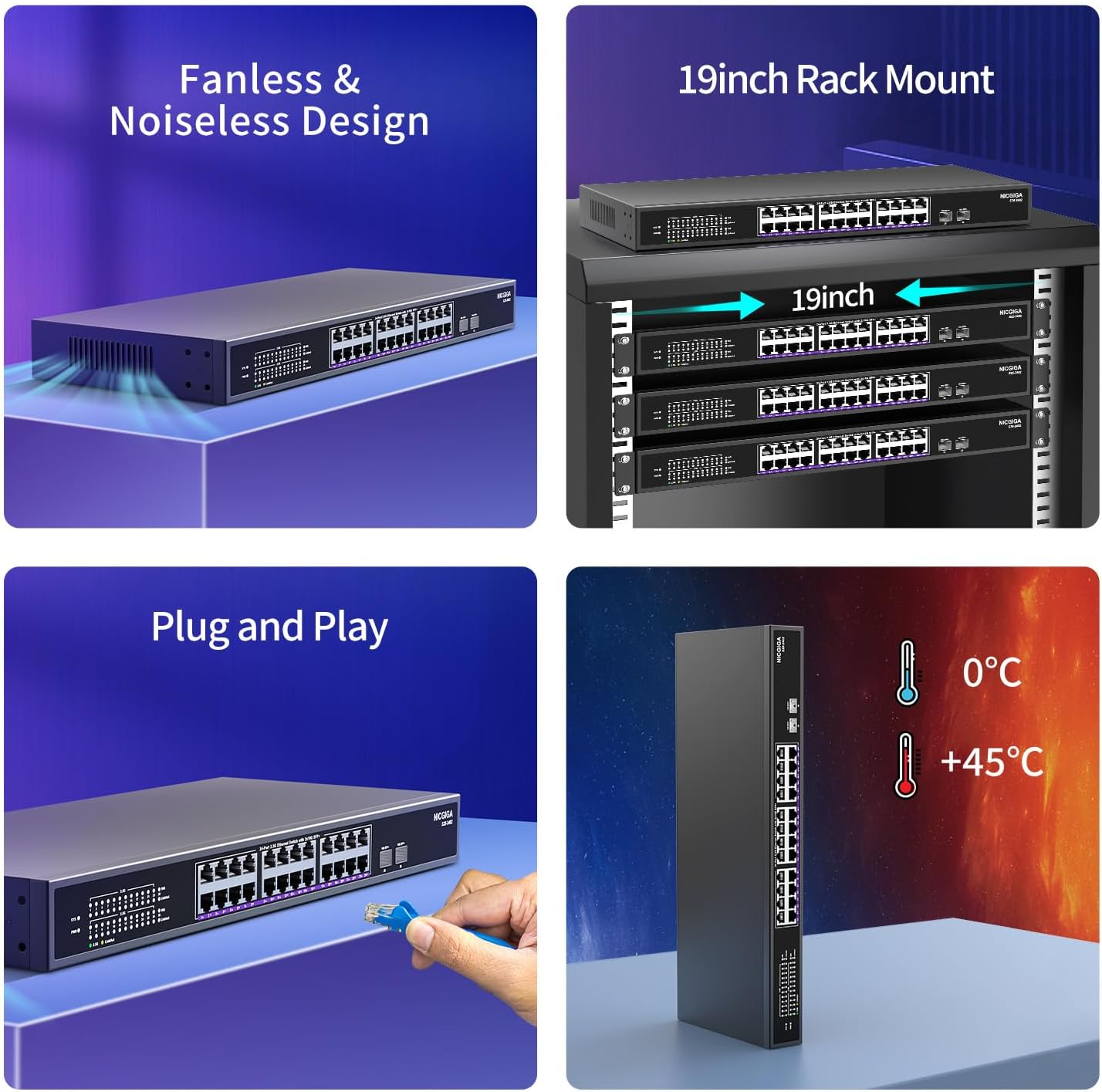 16 ports 2,5 G ➕ commutateur Ethernet SFP+ 2 ports 10 G, commutateur réseau NICGIGA 18 ports 2,5 Gb non géré, Plug & Play, montage sur bureau ou rack 19 pouces, conception métallique sans ventilateur.