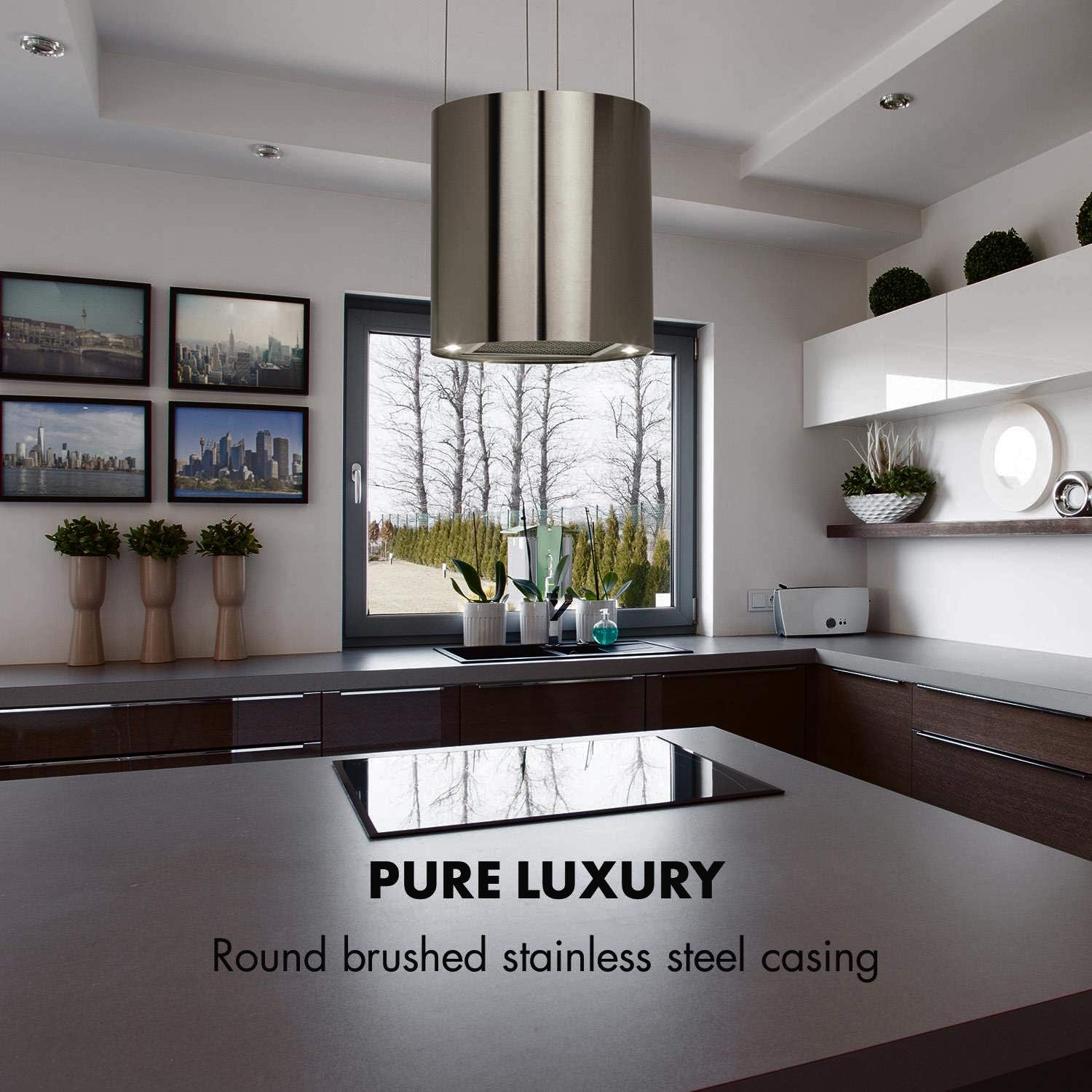 KLARSTEIN Barett - hotte aspirante îlot, hotte aspirante silencieuse Ø 35cm, Puissance Moteur 190W, 560 m³/h Max, 3 Niveaux de Puissance, éclairage LED, INOX - Argent