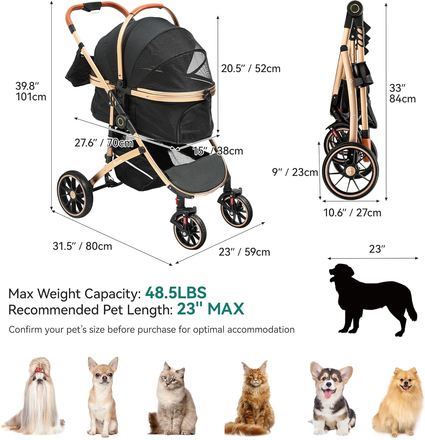 YITAHOME Poussette Chien 3-en-1, Poussette pour Chien Chat, Poussette Chien Tout Terrain, Voyage Transporteur Amovible, Pliable Portable Landau pour Animaux (Noir)