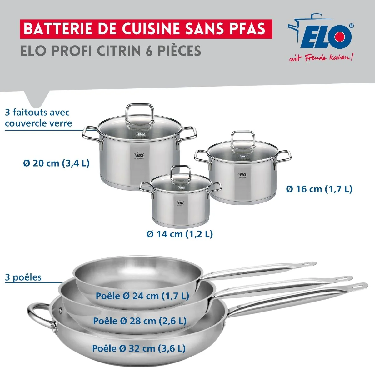 Ensemble de 3 Poêles de cuisson 24, 28 et 32 cm et 3 faitouts 14, 16 et 20 cm Elo Profi Citrin Elo
