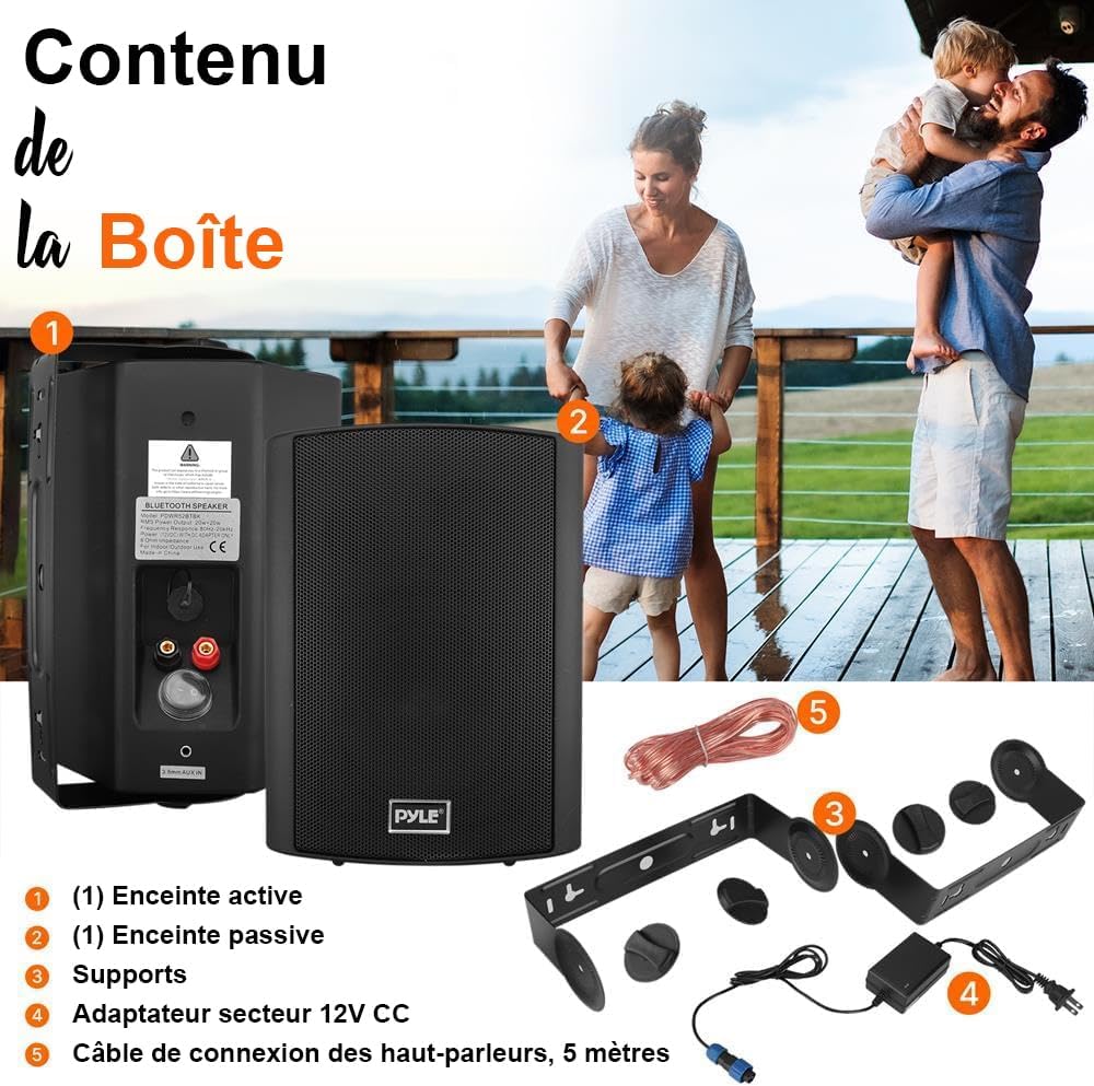 Pyle Enceinte d’Extérieur Bluetooth, Enceinte Mural étanche 240 W, Paire de Haut Parleur Imperméables, Active + Passive,Résistant à l'eau, Son Stéréo, Utilisation dans la Piscine, Patio, l'Intérieur