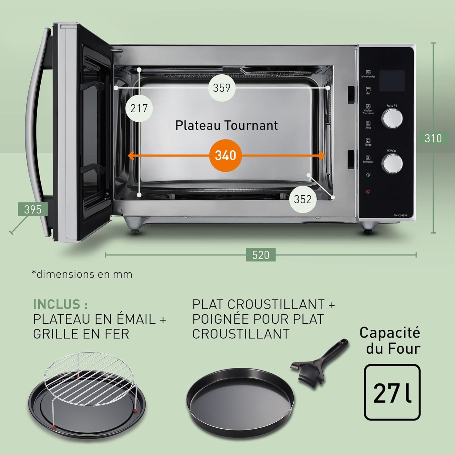 Panasonic NN-CD565BEPG - Four 3 en 1 Combiné, 27 L, Inverter, Chaleur à 100-220°C, Gril Quartz 1300W, Micro-ondes 1000 W, Plat Crispy, Plateau tournant 34 cm, Noir - Version FR