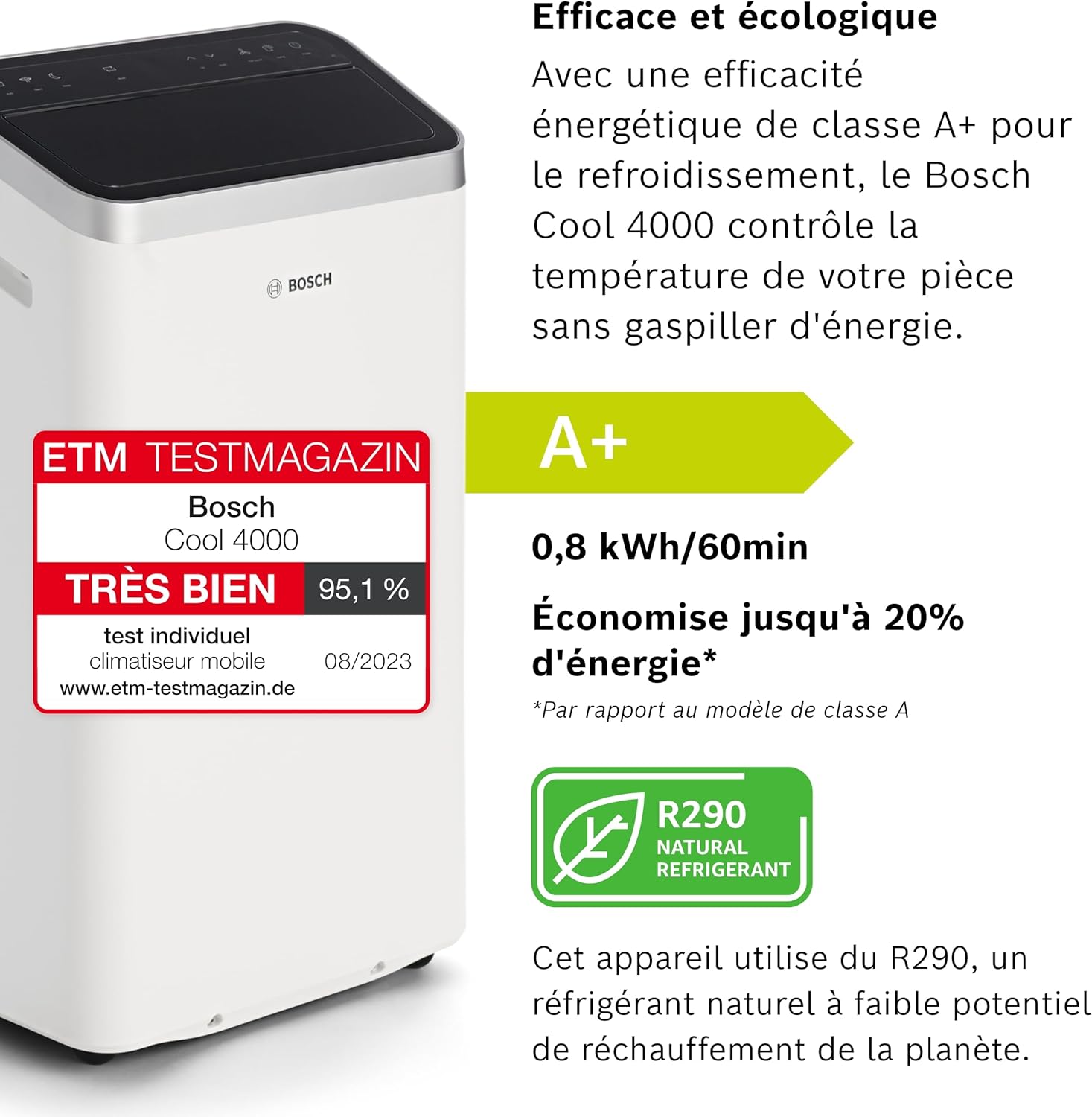 Bosch Cool 4000 Portable AC - 3 en 1 : Climatiseur, Déshumidificateur, Ventilateur - 2,6 kW pour les pièces jusqu'à 35m² - Avec Mode Auto, Mode Silencieux et Mode Veille (48 db (A)) [Classe A+]