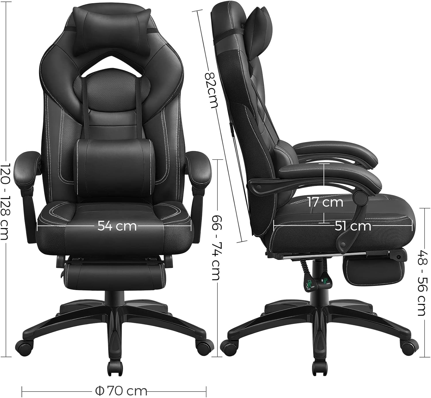 SONGMICS Fauteuil Gamer Ergonomique, Chaise Gaming, Fauteuil de Bureau, avec Repose-Pieds télescopique, Appui-tête réglable, Support Lombaire, capacité de Charge 150 kg, Gris et Noir OBG77BG