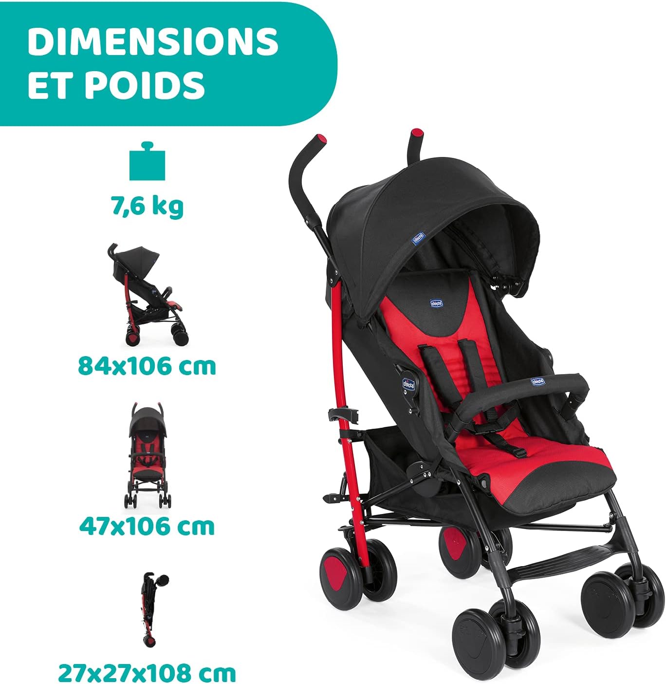 Chicco Echo Poussette Légère et Compact, Inclinable avec Arceau de Protection, Position Landau, Pliage Parapluie, Canopy Ajustable - de la Naissance à 22 Kg - Rouge