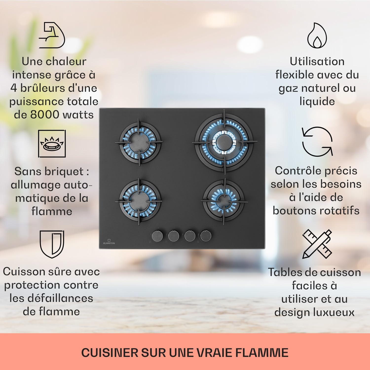 Klarstein Table de Cuisson à Gaz, Plaque de Cuisson Gaz à 4 Brûleurs, Table de Cuisson Electrique à 4 Feux de 8000W, Cuisiniere Gaz, Gaziniere Gaz avec Brûleurs en Acier Inoxydable, Cuisinières GPL