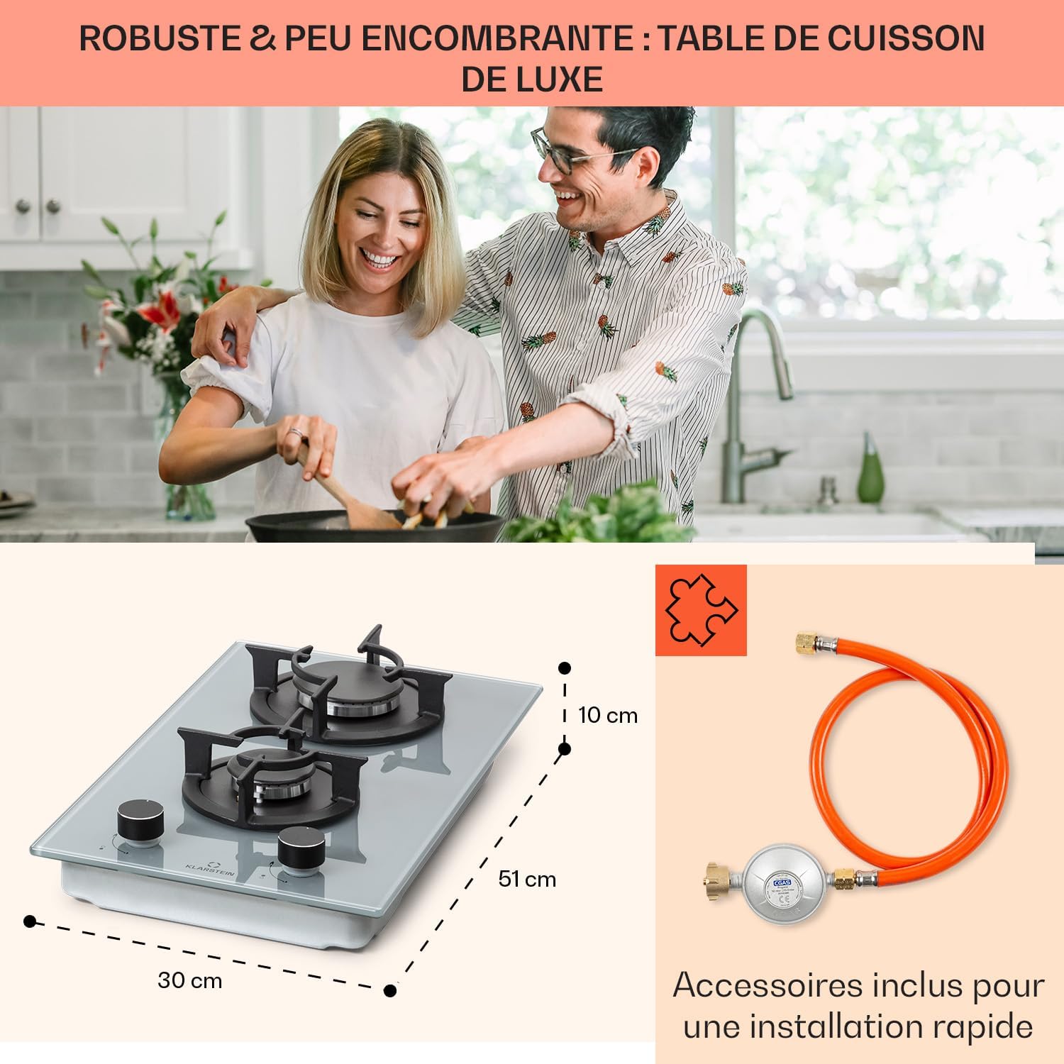 Klarstein Table de Cuisson à Gaz, Plaque de Cuisson Gaz à 4 Brûleurs, Table de Cuisson Electrique à 4 Feux de 8000W, Cuisiniere Gaz, Gaziniere Gaz avec Brûleurs en Acier Inoxydable, Cuisinières GPL
