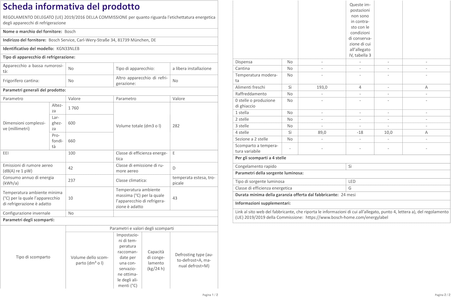 Bosch KGV33VWEAS, Série 4, Réfrigérateur congélateur, Pose libre, 176 x 60 cm, 195 L / 94 L, Blanc