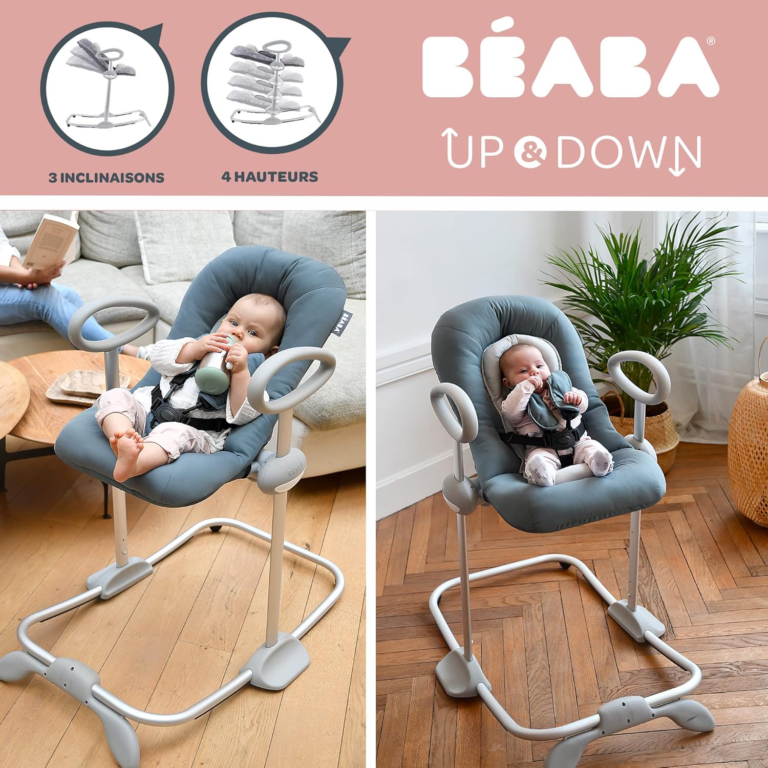 Béaba, Transat Up & Down IV, Transat Réglable en Hauteur, Unisexe pour Bébé et Enfants, 3 Positions d'Inclinaison, Harnais Sécurité 5 Points, Réducteur de Naissance, Gris minéral et miel