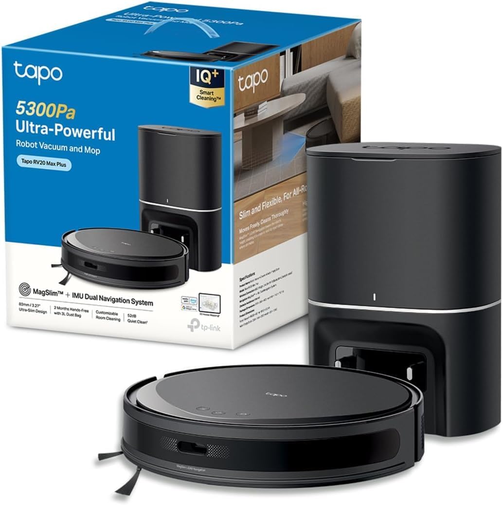 Tapo Aspirateur Robot Laveur 2 en 1 RV20Max Plus, Vidage Automatique, Silencieux Ultra Fin, Ultra puissante de 5300Pa, Navigation LiDAR, Auto-Charge Autonomie 180min, Tapis et Poils d'animaux