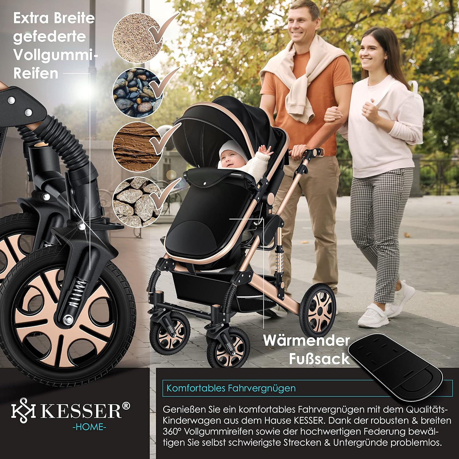 KESSER® Poussette combinée 3en1 Set incl. baignoire bébé poussette Siège sport & siège auto pour bébé Pneus pleins en caoutchouc Sac à langer Protection pluie Table pour enfant ECE R129 noir/champagne