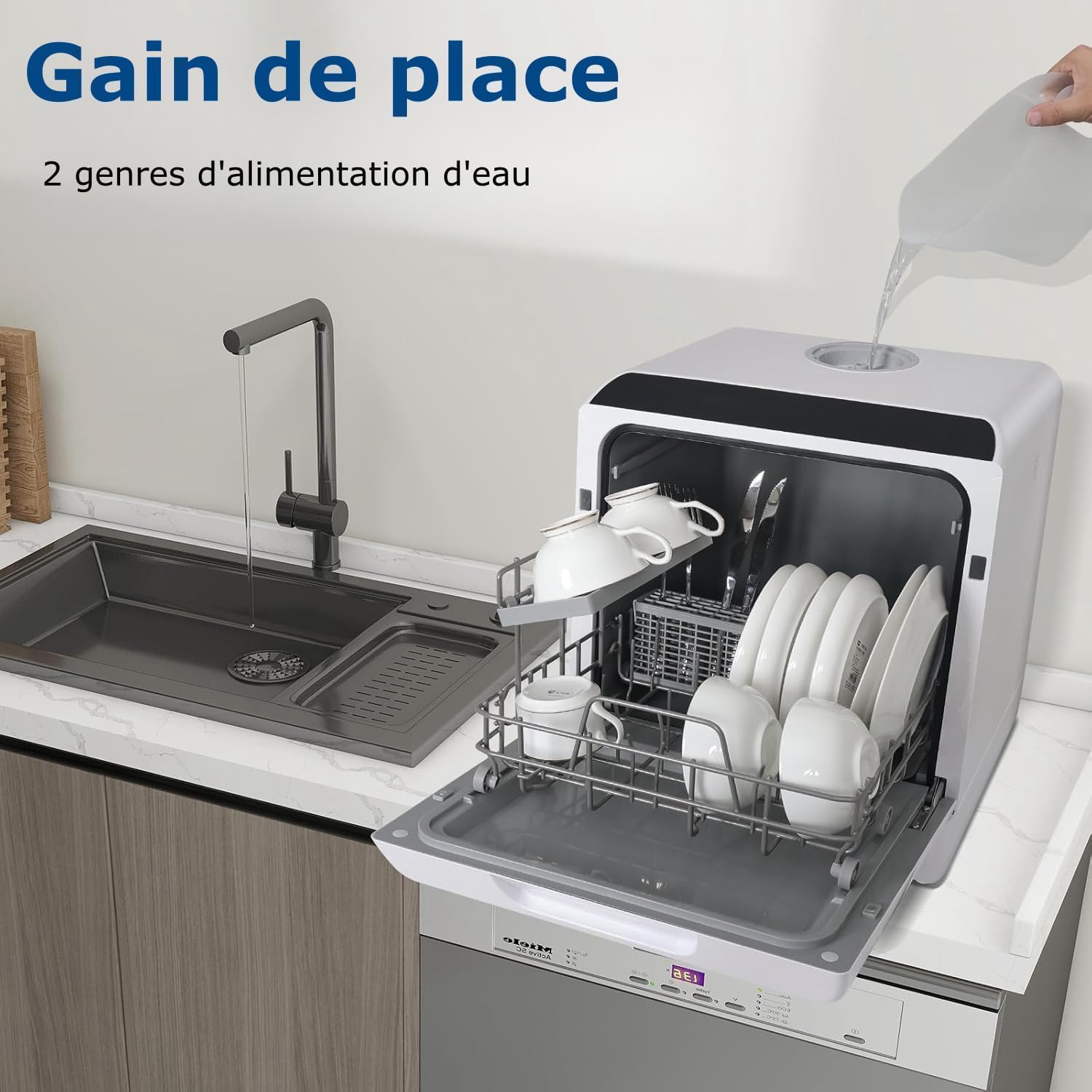 YU YUSING Mini Lave-vaisselle Compact 45cm avec 6 Programmes 4 Couverts, Petit Lave-vaisselle Sans ou Avec Arrivée d'Eau, Portable, Réservoir d'Eau 5L, Commande Tactile, Écran LED