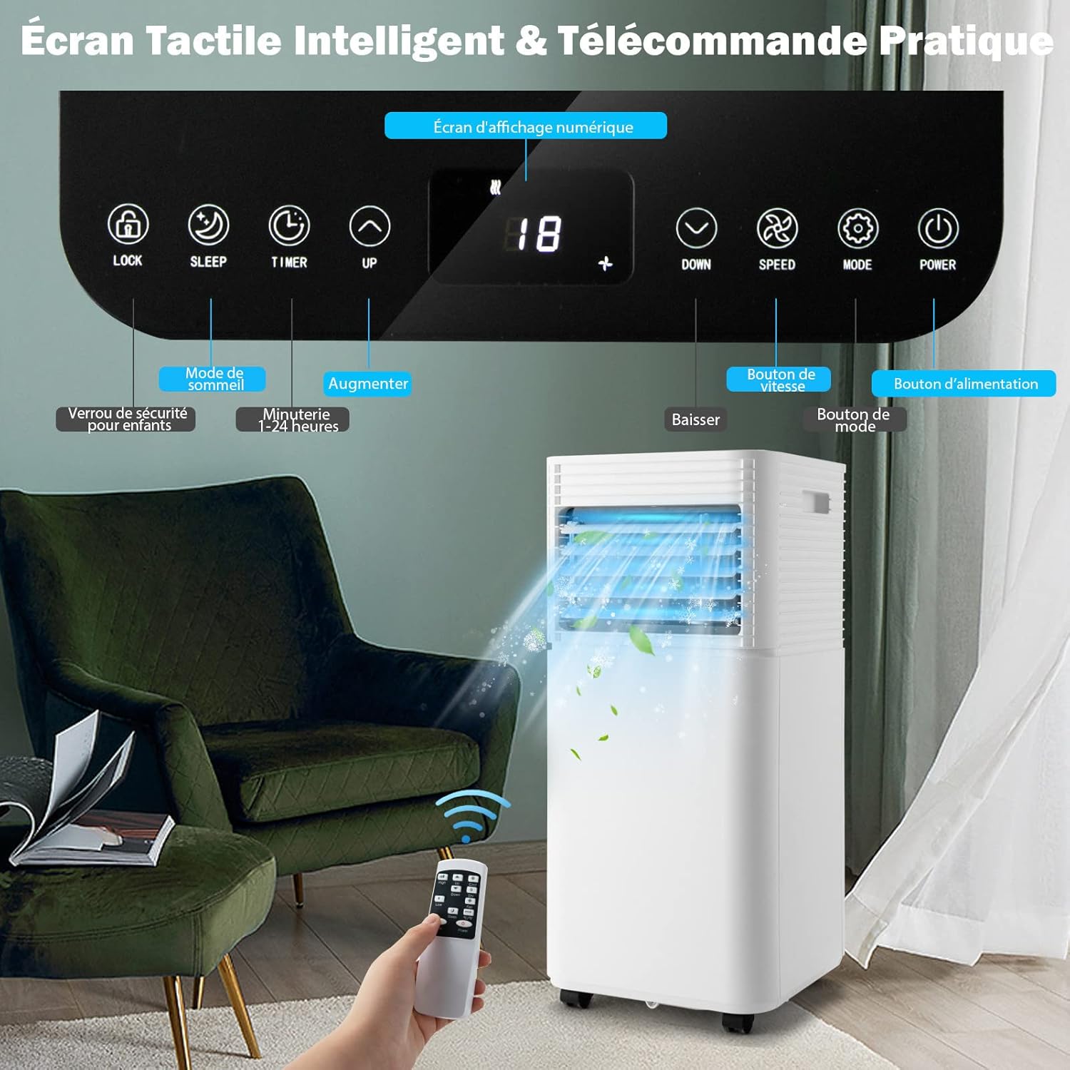 RELAX4LIFE Climatiseur Mobile Silencieux 9000BTU, Climatiseur Portable 4 en 1, Refroidisseur d'Air, Ventilateur, Déshumidificateur, Mode Nuit, 15-20㎡, Télécommande, Minuterie 24H, Classe Energie A