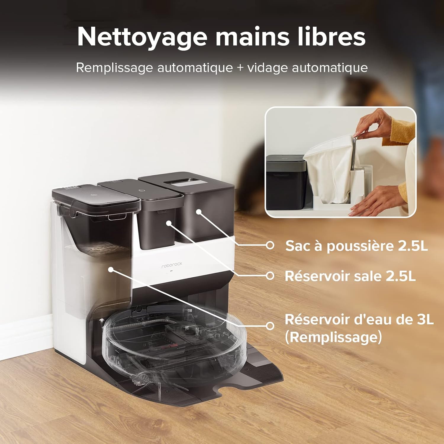 roborock QV 35A Aspirateur Robot Laveur, 8000Pa HyperForce, Station Multifonctionnelle, Serpillière Rotative 200 TR/Min & Relevable 10mm, Anti-enchevêtrement, Évitement d'obstacles, Cartographie, APP