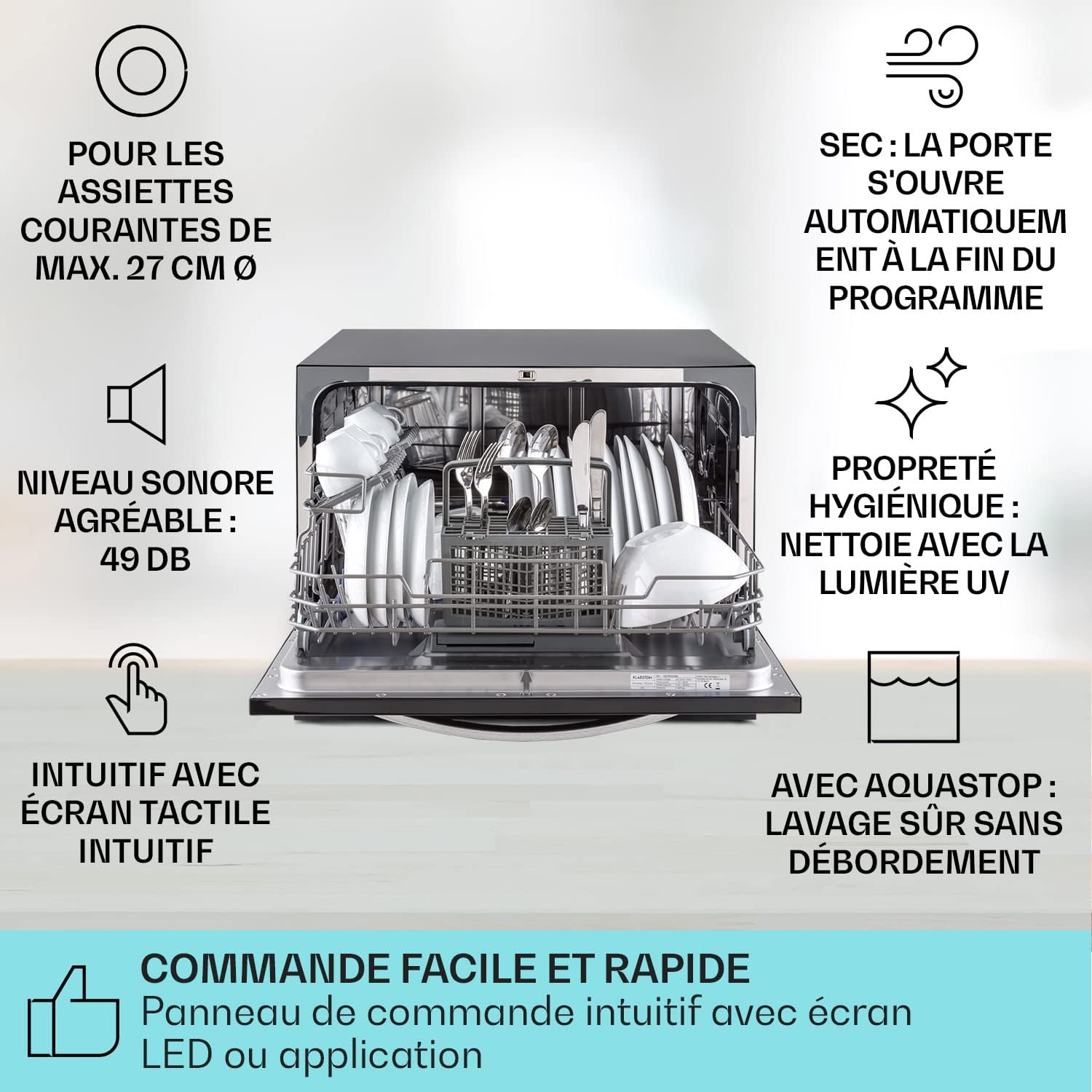 Klarstein Mini Lave Vaisselle de Table de 8 Couvert, Silencieux, 6 Programmes de Lavage, Portable, Facile à Installer pour la Maison et Bureau