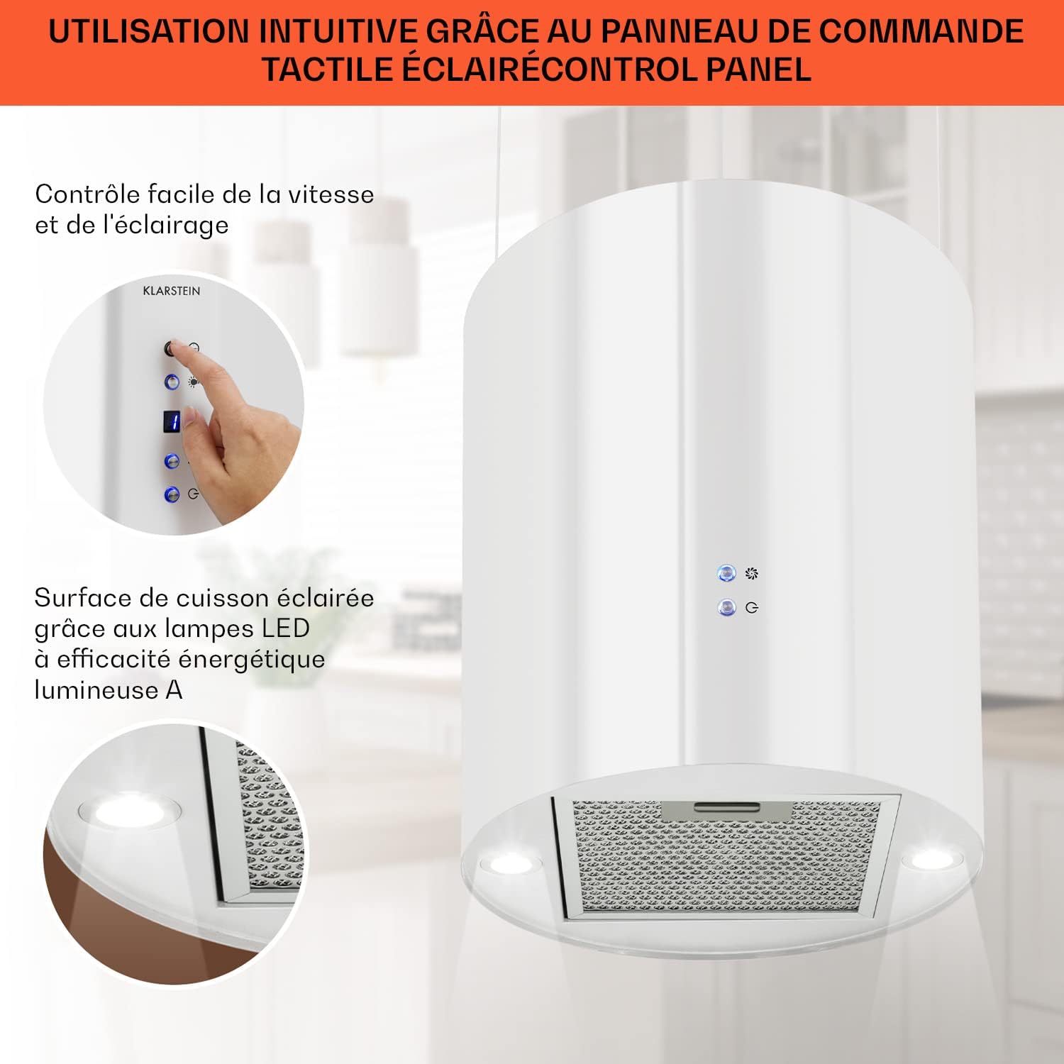 KLARSTEIN Barett - hotte aspirante îlot, hotte aspirante silencieuse Ø 35cm, Puissance Moteur 190W, 560 m³/h Max, 3 Niveaux de Puissance, éclairage LED, INOX - Argent
