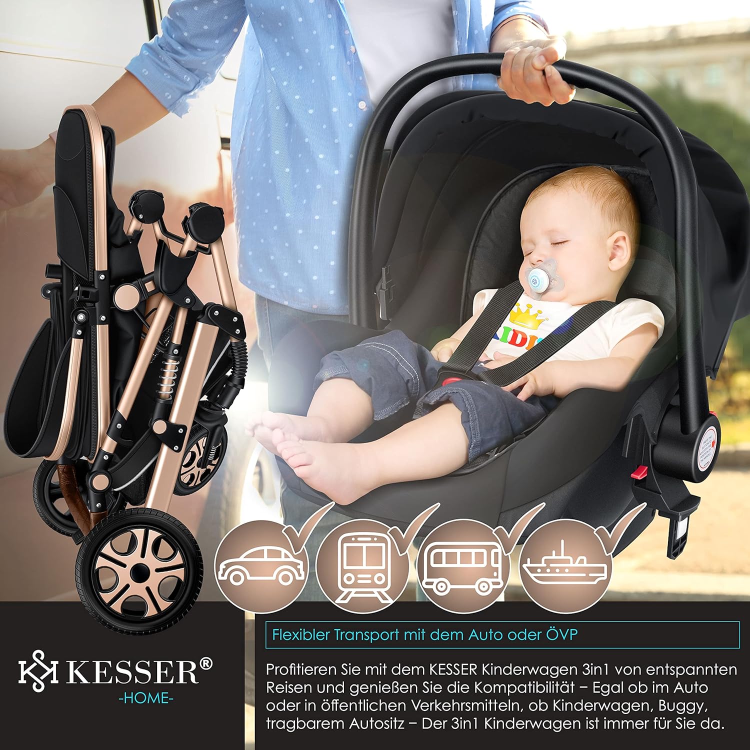 KESSER® Poussette combinée 3en1 Set incl. baignoire bébé poussette Siège sport & siège auto pour bébé Pneus pleins en caoutchouc Sac à langer Protection pluie Table pour enfant ECE R129 noir/champagne