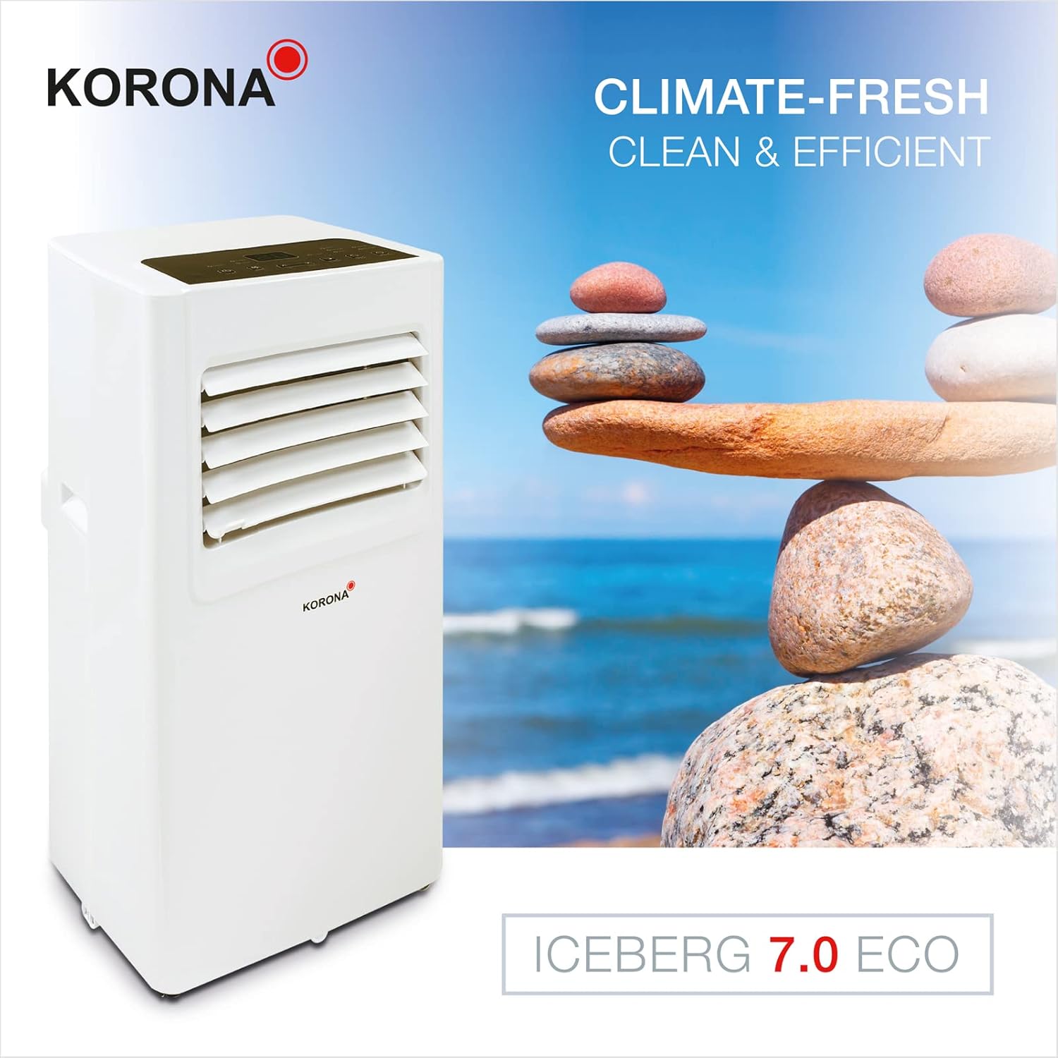 Korona 82001 Climatiseur mobile Iceberg 9.0 ECO | 9000 BTU/h | Monobloc 3en1 - Refroidisseur, déshumidificateur, ventilateur | Avec tuyau d'évacuation d'air pour la fenêtre | Pièces jusqu'à 34 m²