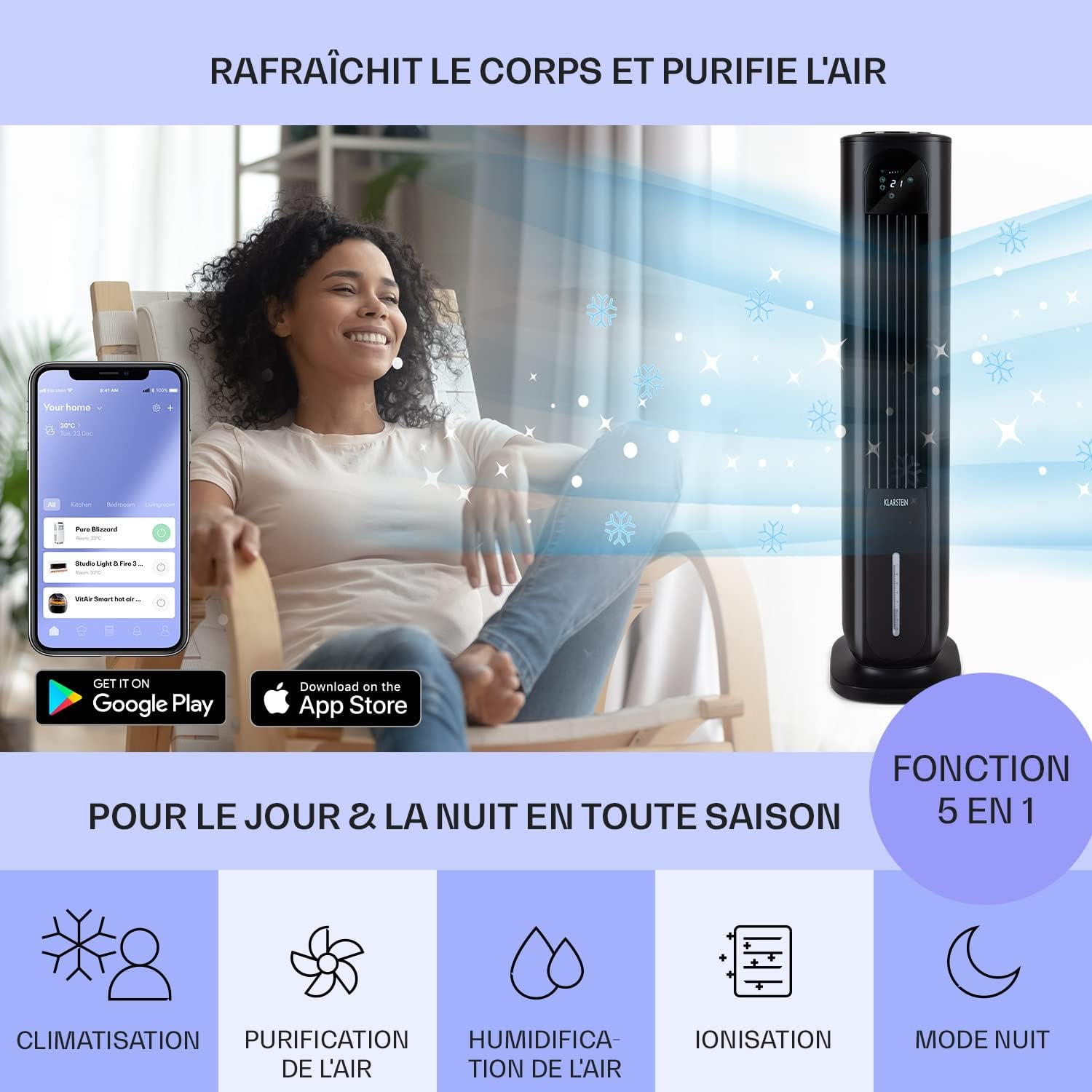 Klarstein Rafraichisseur d'Air Mobile 5 en 1, Refroidisseur d'Air par Evaporation avec Humidificateur, Ventilateur, Ioniseur, Climatiseur Mobile Sans Évacuation, Mode Nuit, 85W, Débit d'Air 3306m³/h
