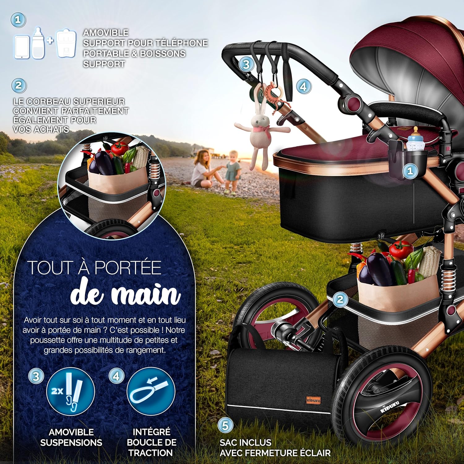KIDUKU® Poussette Combinée 3 en 1 | Trio pour Enfants | Siége Auto Légère, Piable | Nacelle Souple Convertible | Set de Voyage (Noir/Champagne)