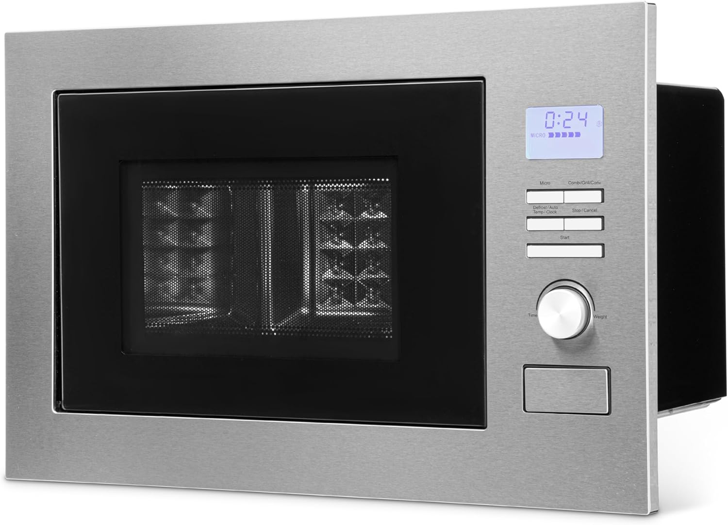 Bomann MWG3001HEB Micro-ondes encastrable 3 en 1 avec grill et air chaud, écran LCD, 8 programmes automatiques, fonction minuterie, espace de cuisson 25 l, intérieur en acier inoxydable, argenté