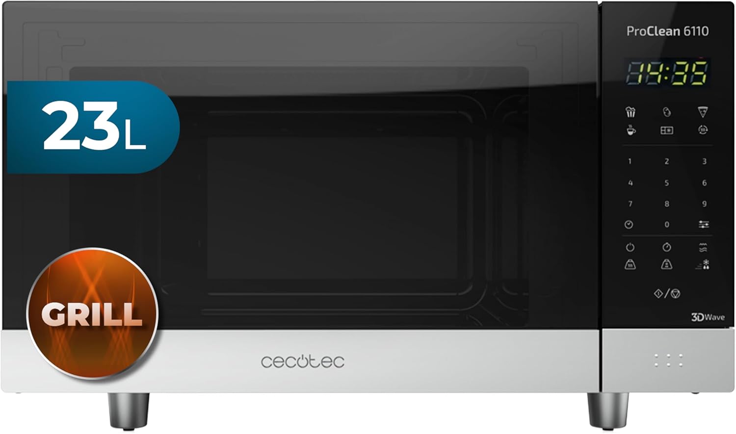 Cecotec Four à micro-ondes ProClean 9110 FullINOX avec grill 1000 W, 30 litres, 5 niveaux de puissance, 8 programmes, minuterie de 60 minutes, revêtement Ready2Clean, design avant miroir