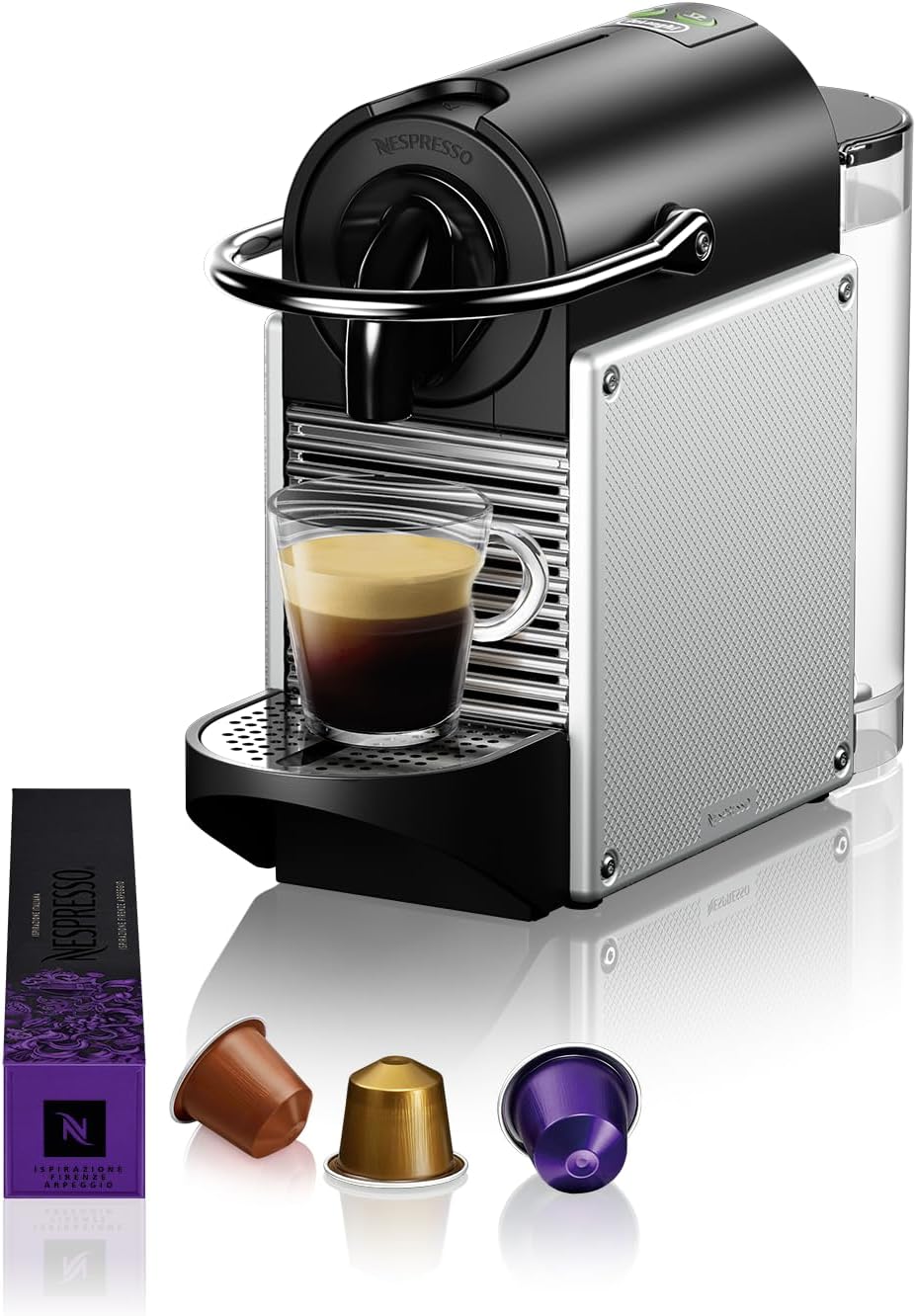 Nespresso Machine à café à capsules DeLonghi EN 124.S Pixie Silver | 1260 W | 0,7 L | Panneaux latéraux à capsules recyclées, métal argenté