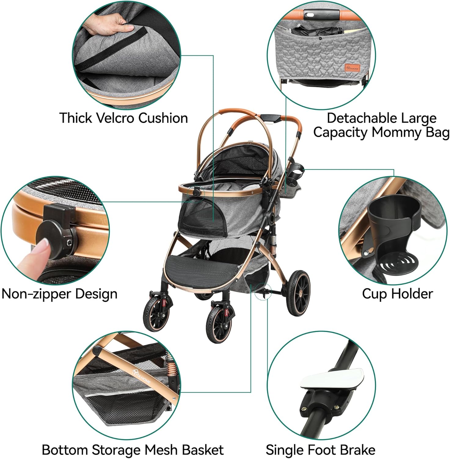 YITAHOME Poussette Chien 3-en-1, Poussette pour Chien Chat, Poussette Chien Tout Terrain, Voyage Transporteur Amovible, Pliable Portable Landau pour Animaux (Noir)