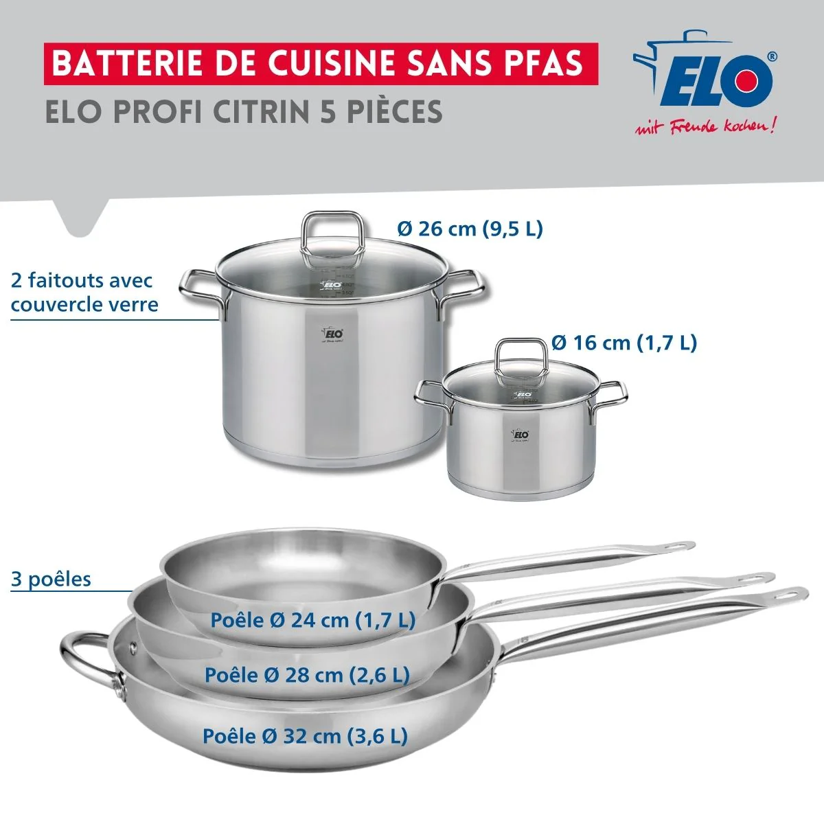 Ensemble de 3 Poêles de cuisson 24, 28 et 32 cm et 2 faitouts 16 et 26 cm Elo Profi Citrin Elo